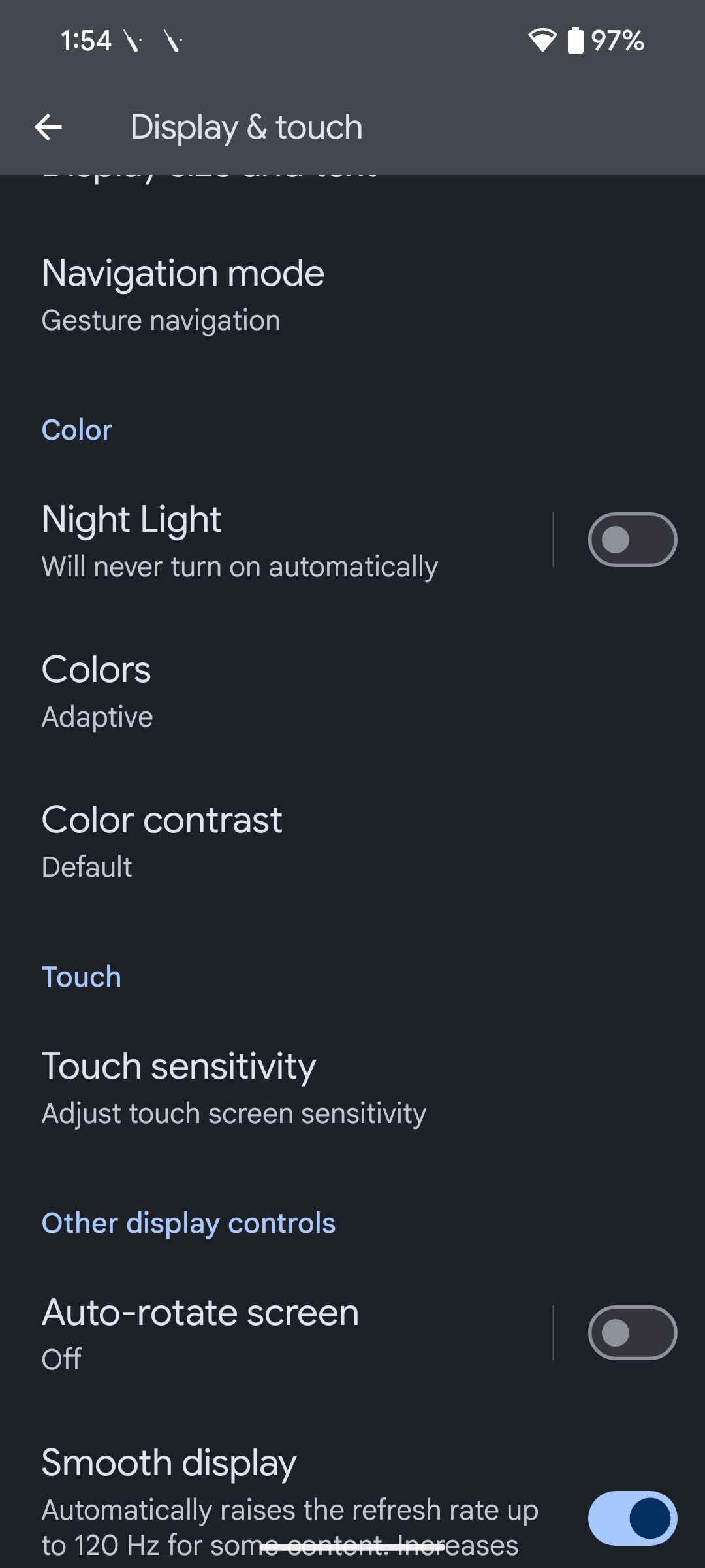 Screenshot showing Android 15 display and touch settings page on Pixel 9