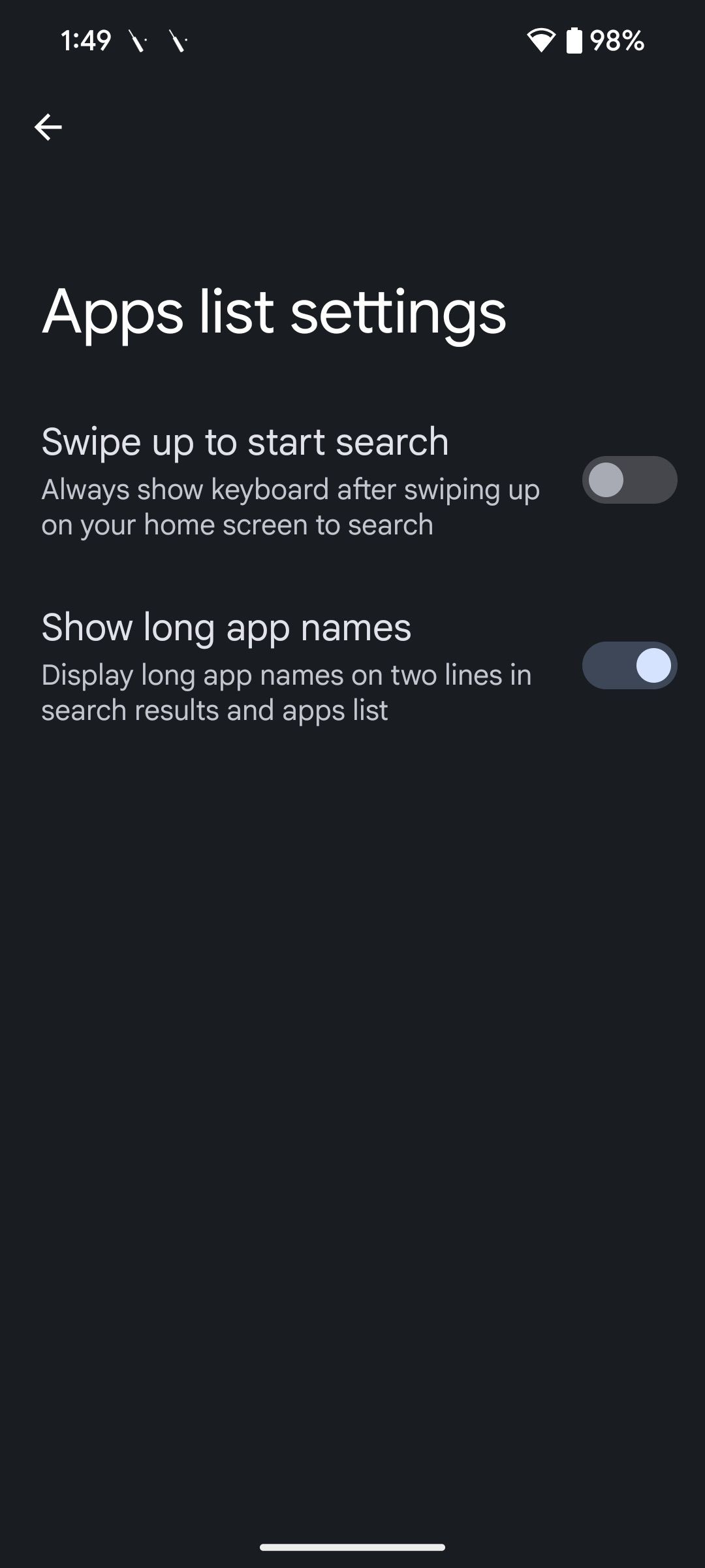 App list settings screen with “Show long app names” toggle switch turned on