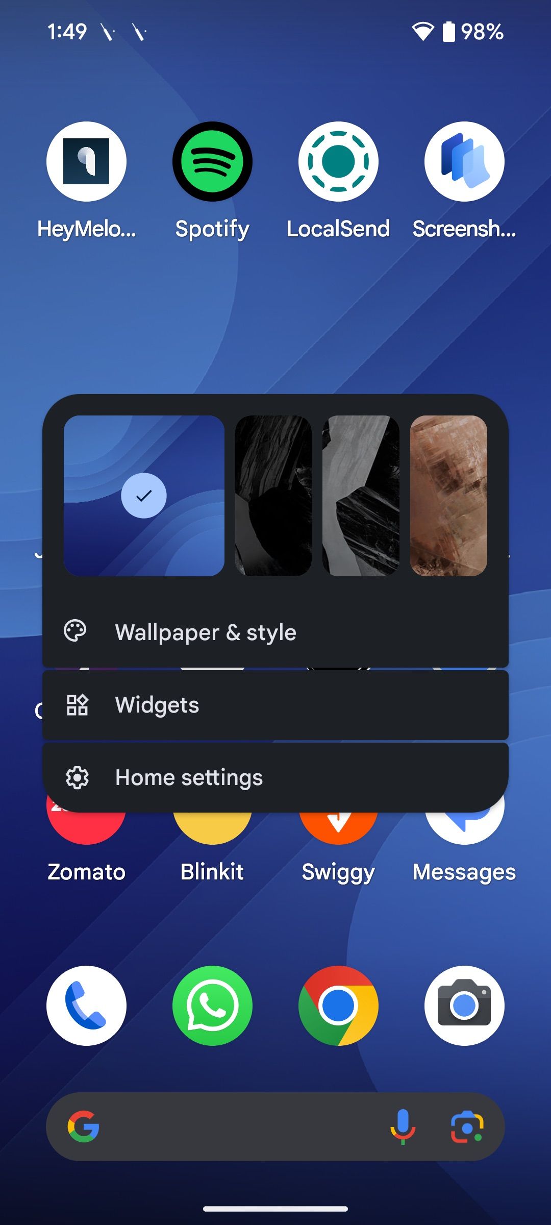 pop-up menu "Home settings" Options after long press on home screen