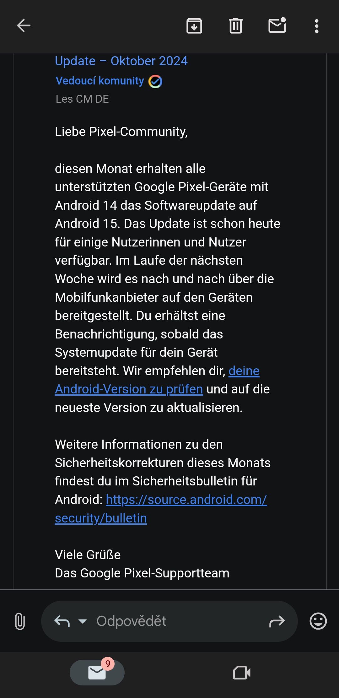 Android 15 roll out announcement on German Pixel Community forum