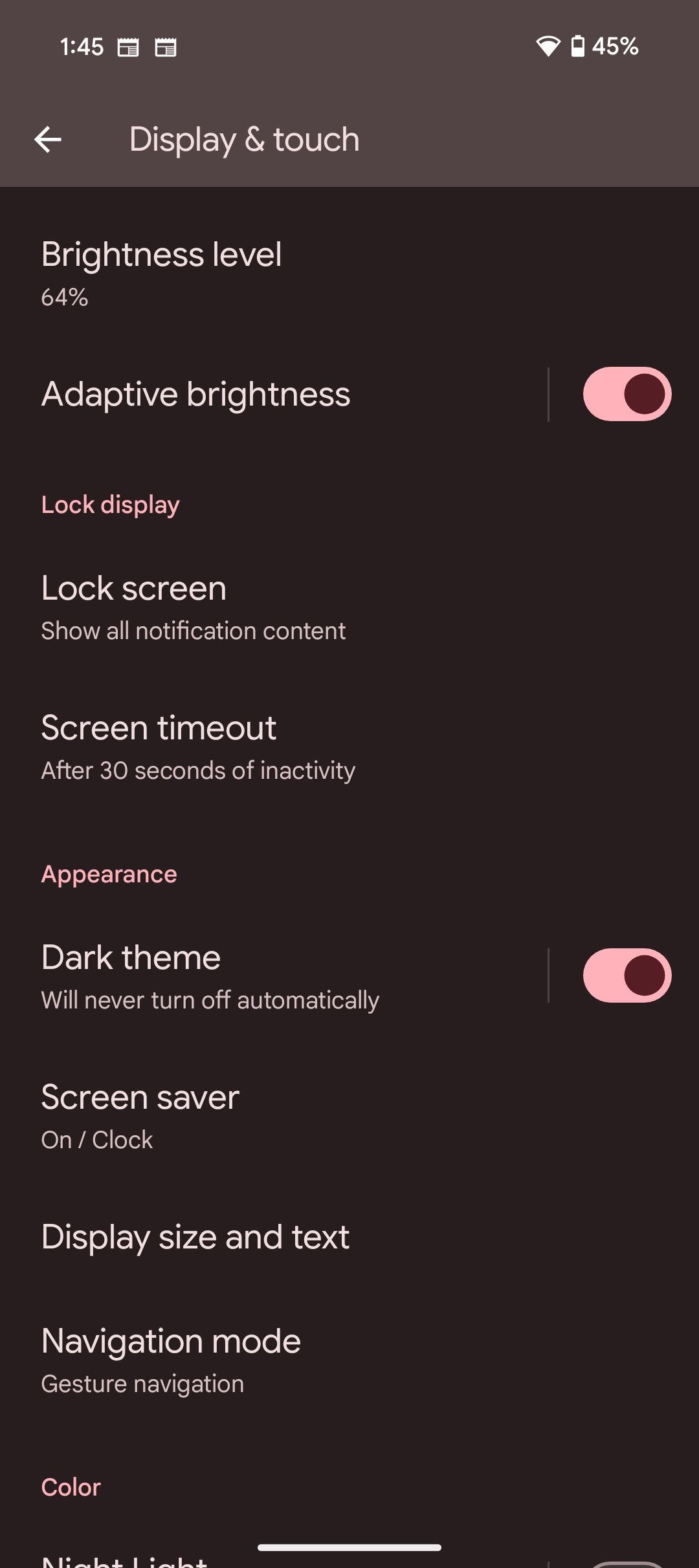 Screen saver options highlighted in Display & Touch Settings