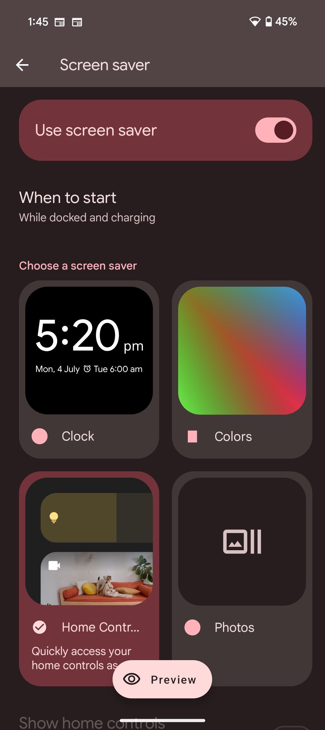 Home controls selected as screen saver in Android 15 settings