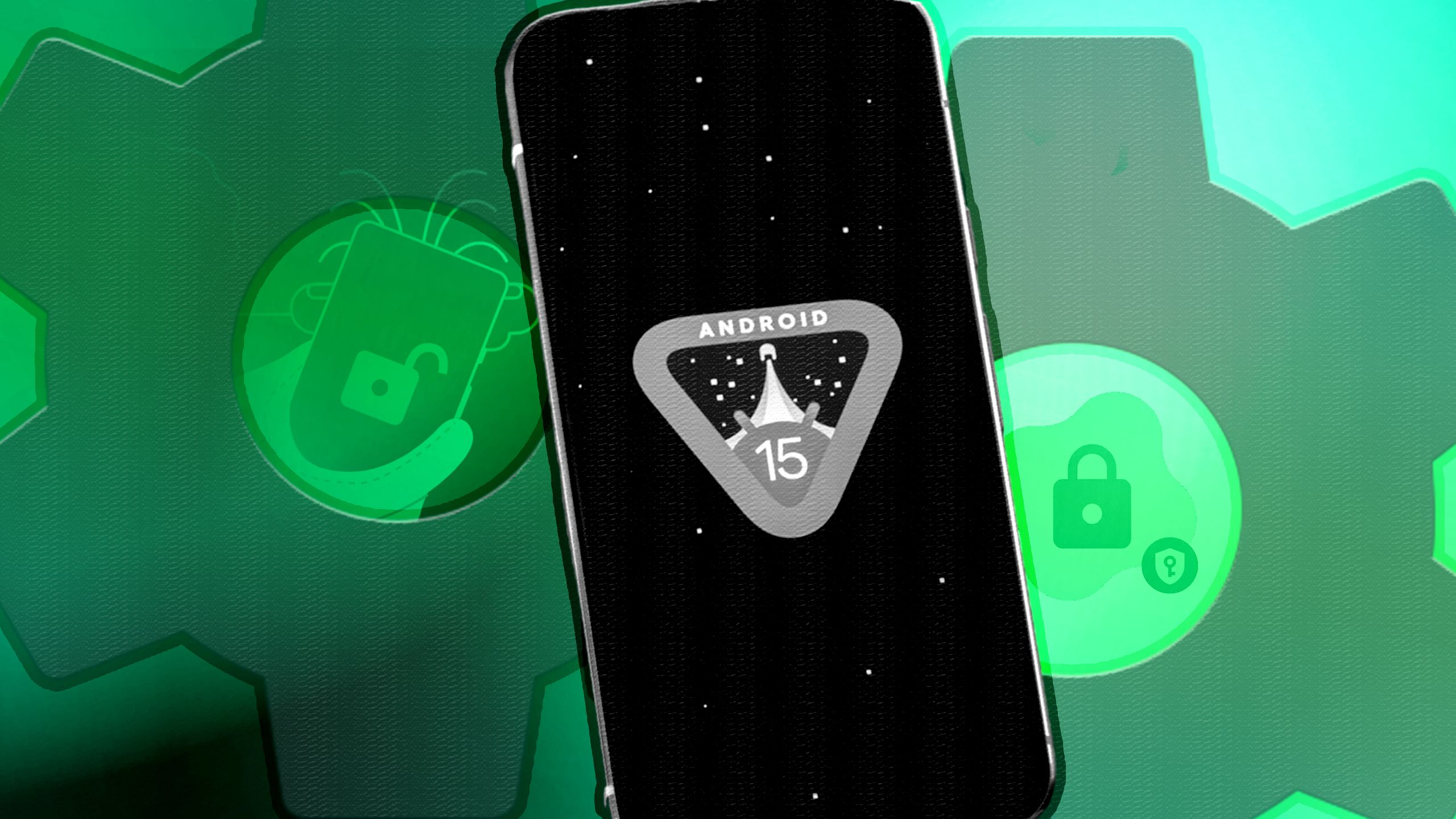 Illustrated photo of a mobile phone with Android 15 logo on a green background