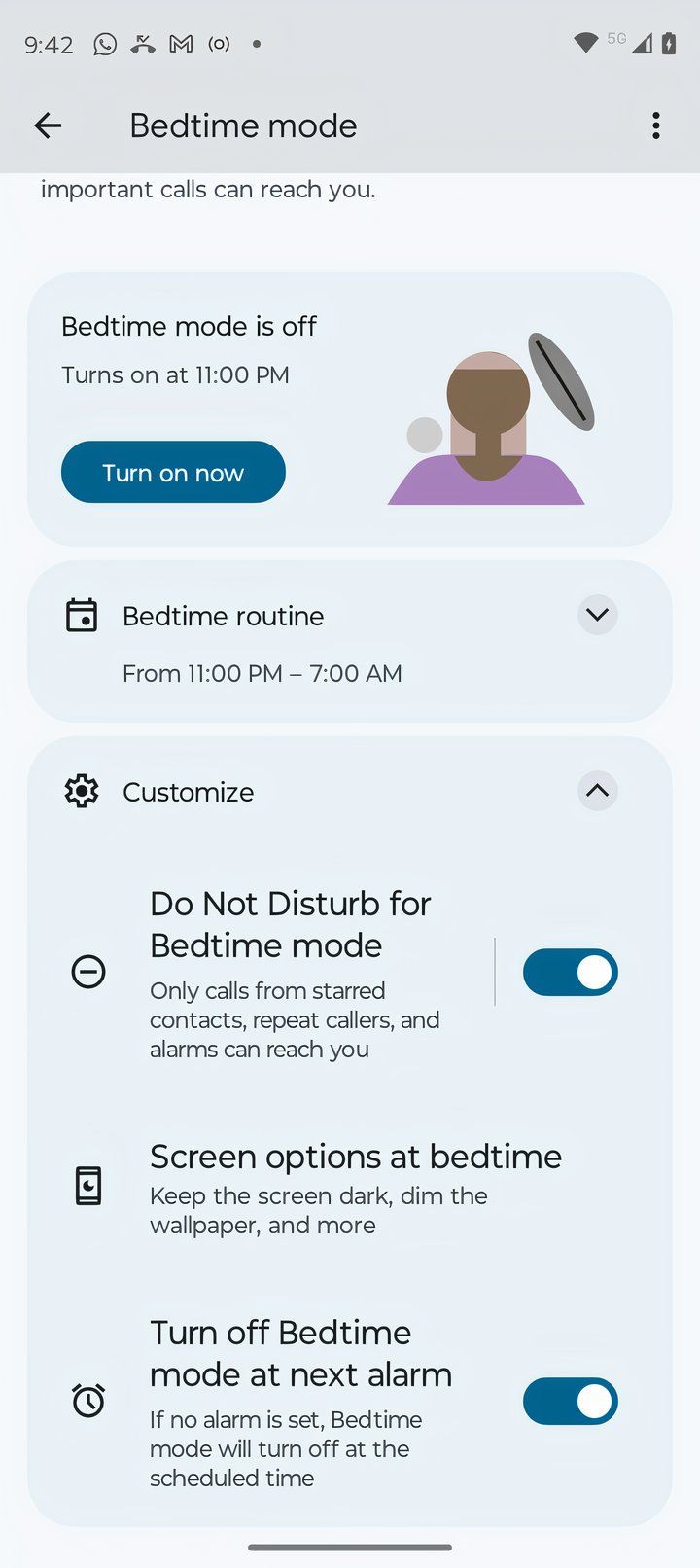 Screen showing customizing Android Bedtime mode 