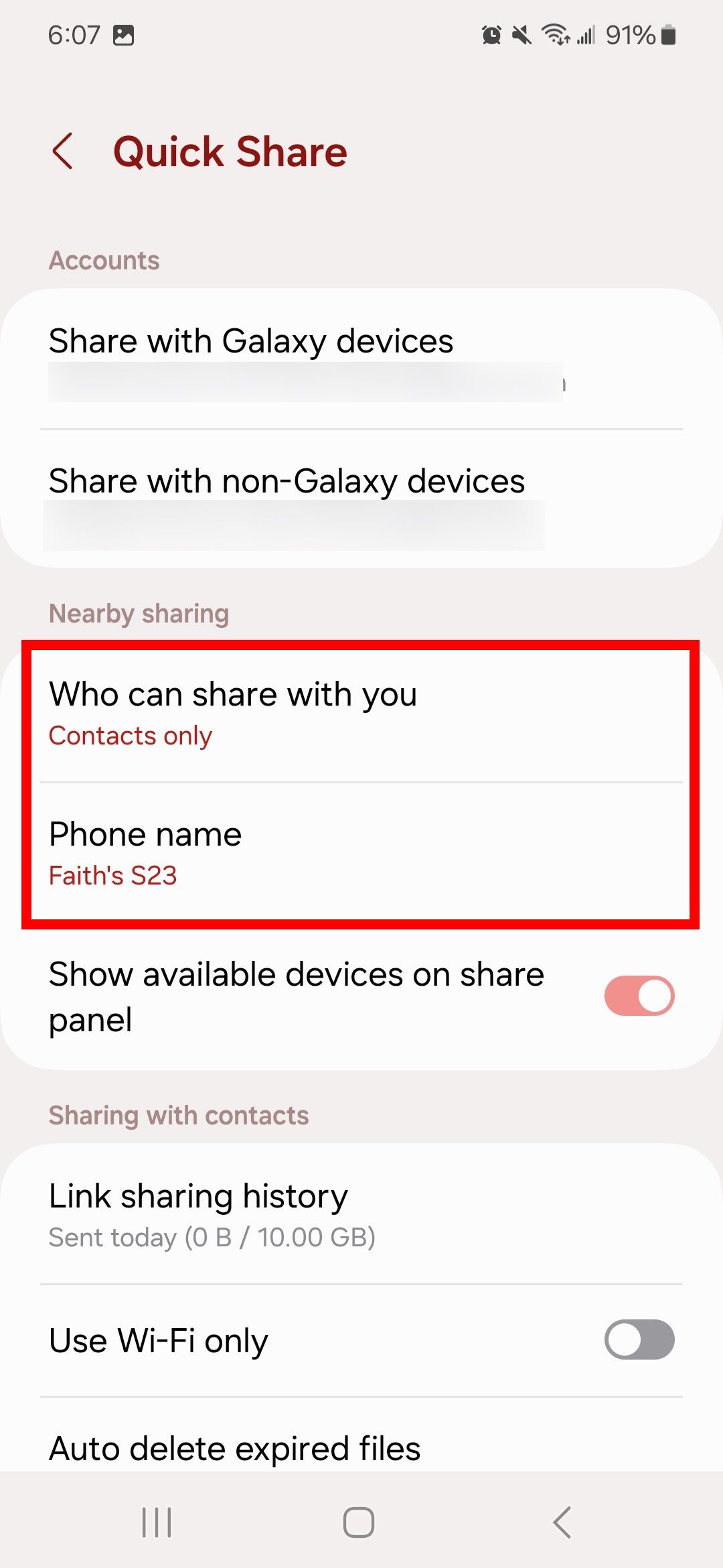 Red rectangle highlighting Who can share with you and Phone name in Quick Share settings on Android