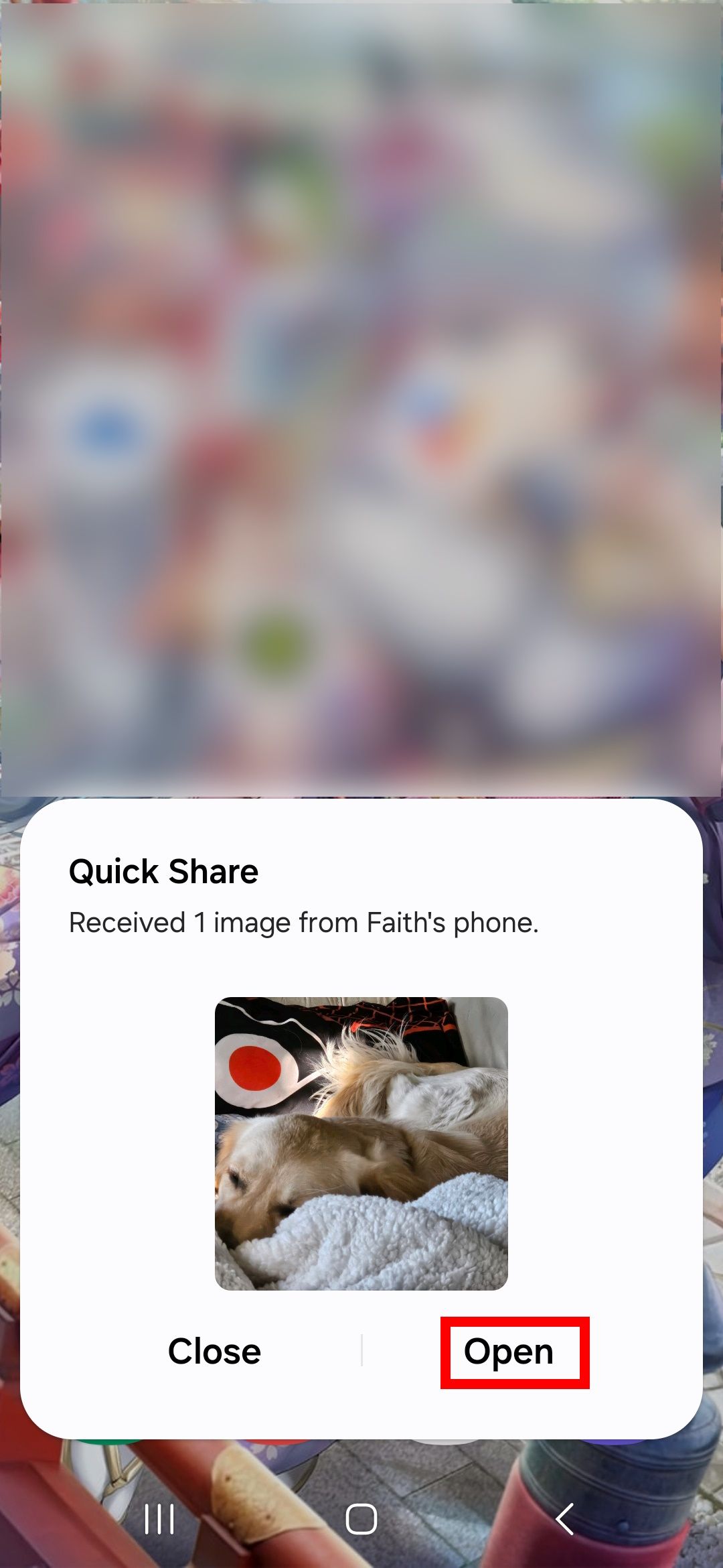 Red rectangle outline over Open in Quick Share on a Samsung phone