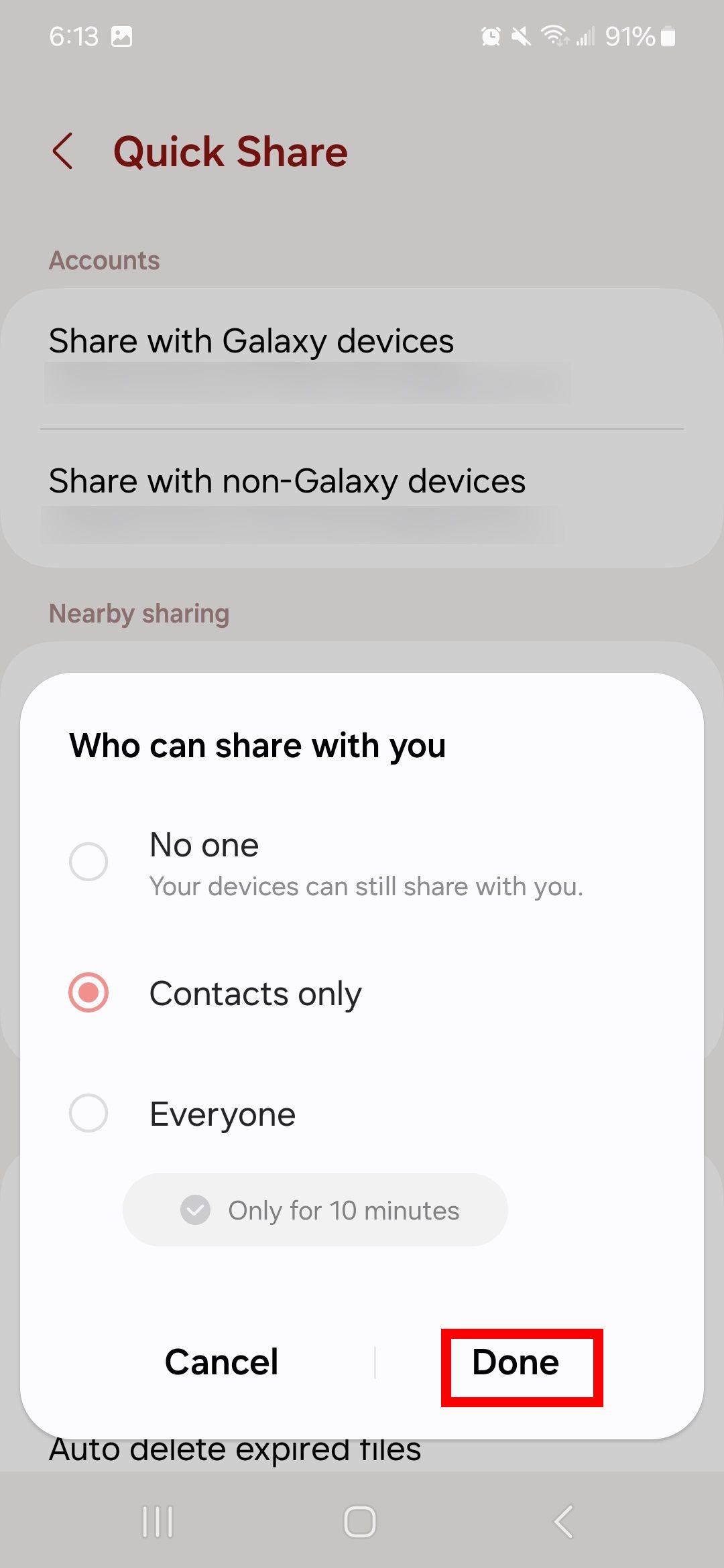 Red rectangle outline highlighting the Done button in Who can share with you window on Android