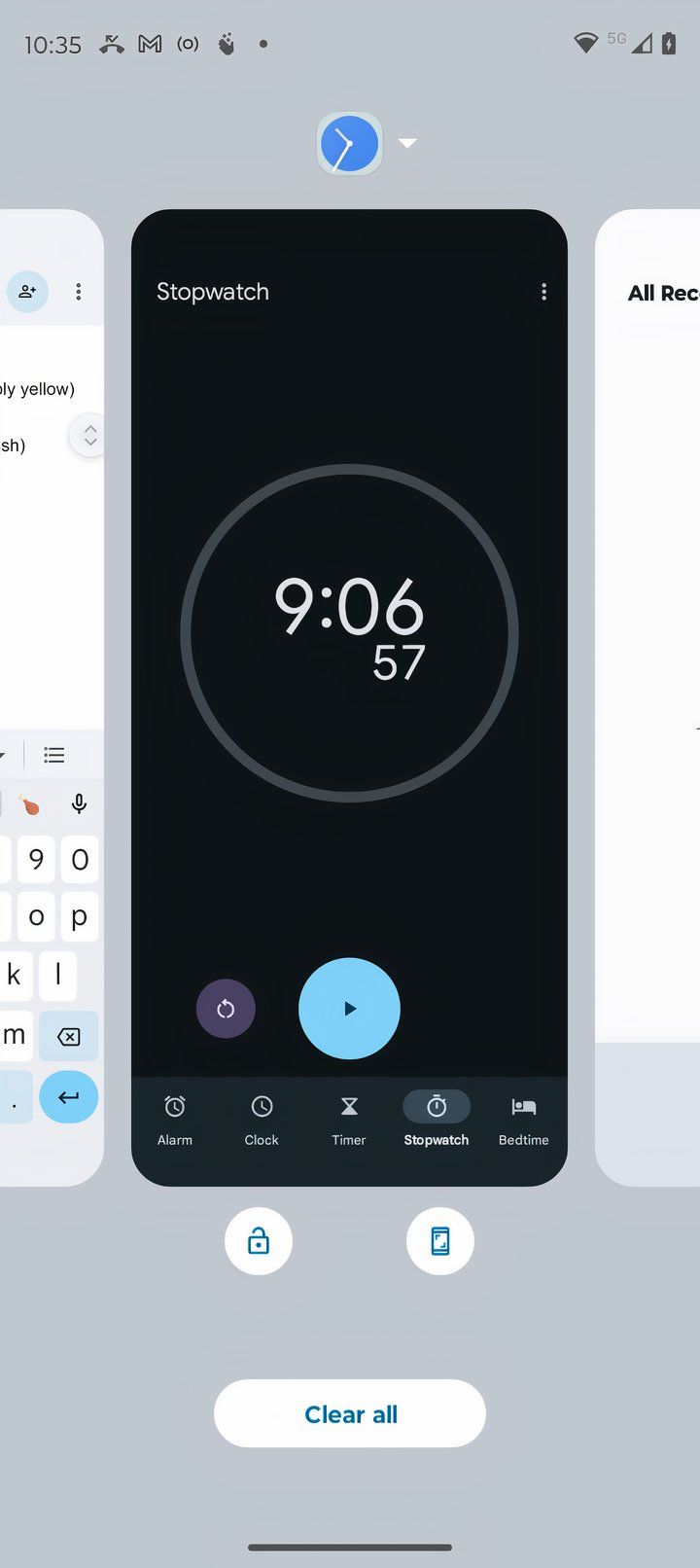 Android recent apps overview screen with stopwatch