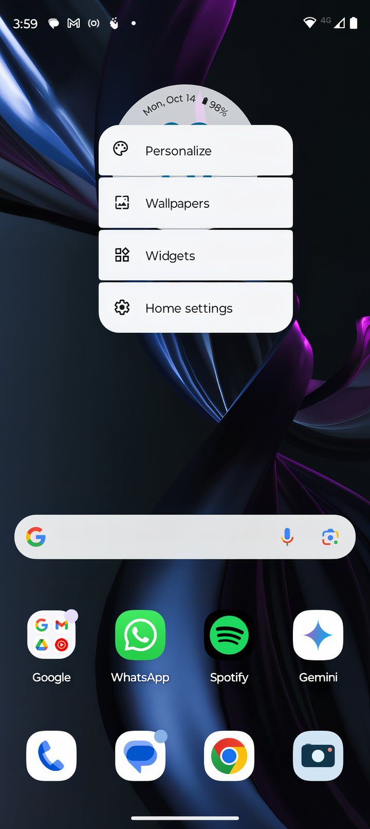 Android home screen widget menu 