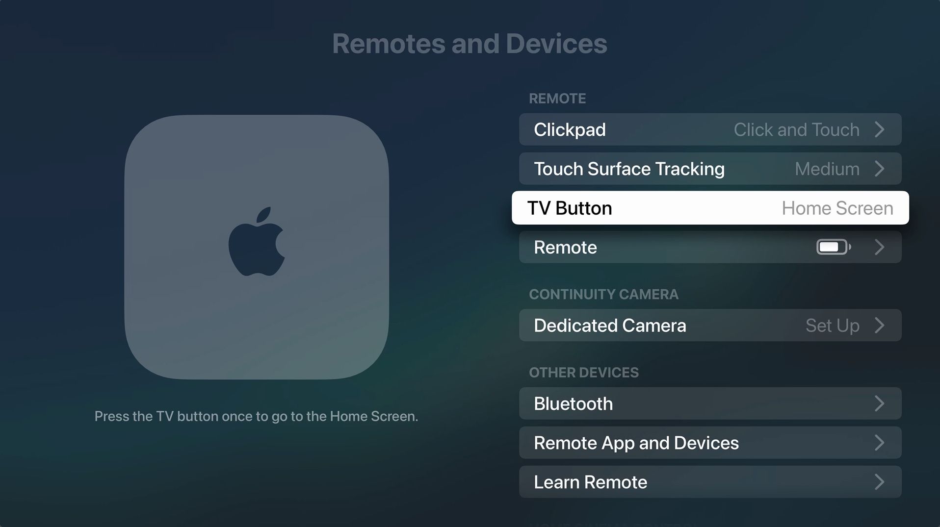 Home screen options selected to replace the default Apple TV app for TV button actions