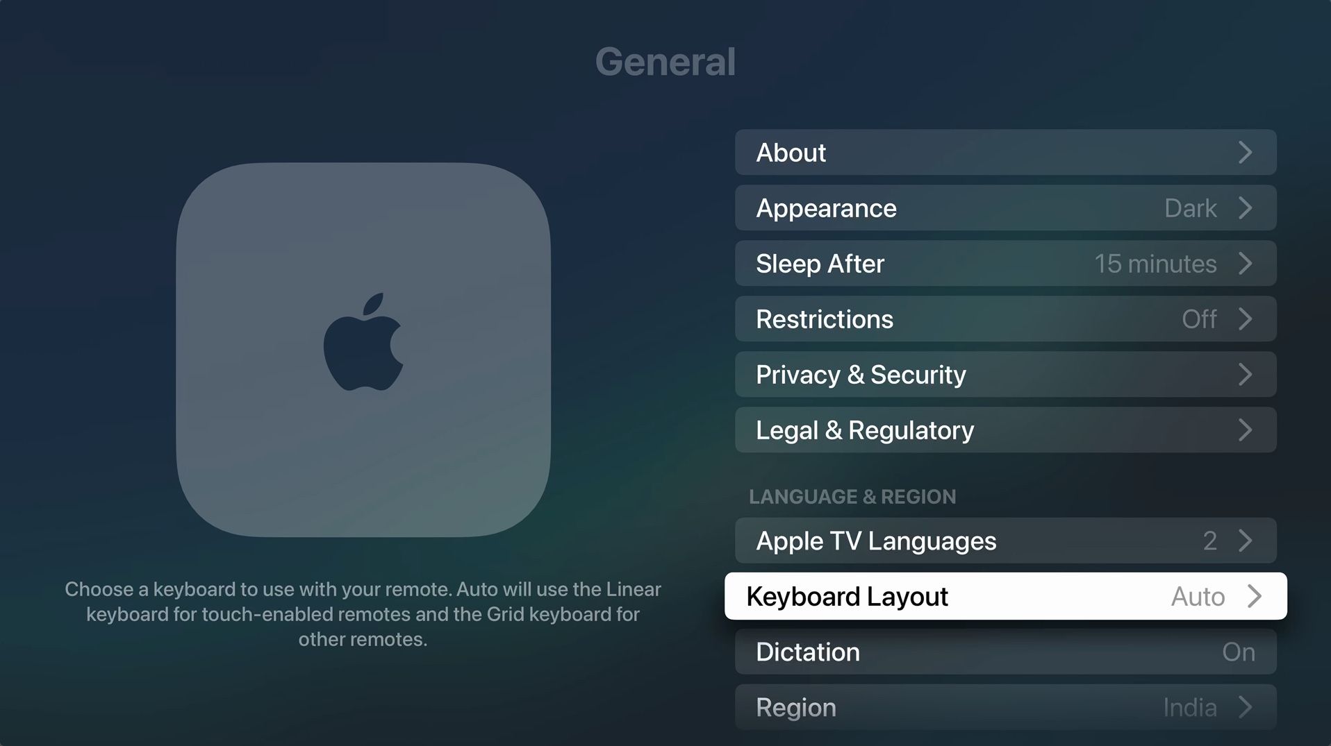 Keyboard layout options highlighted in Apple TV settings