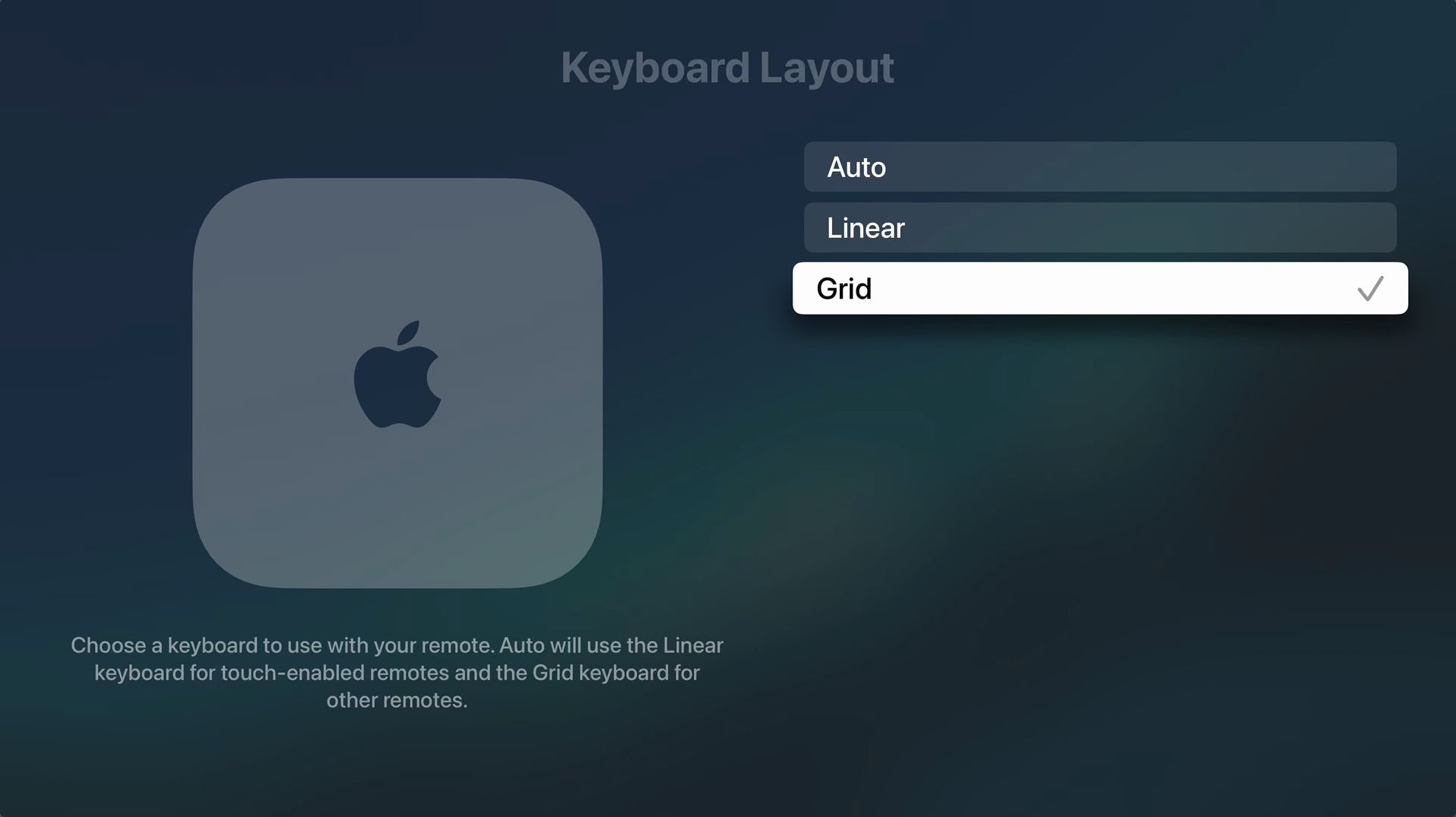 Grid layout for keyboard settings on Apple TV