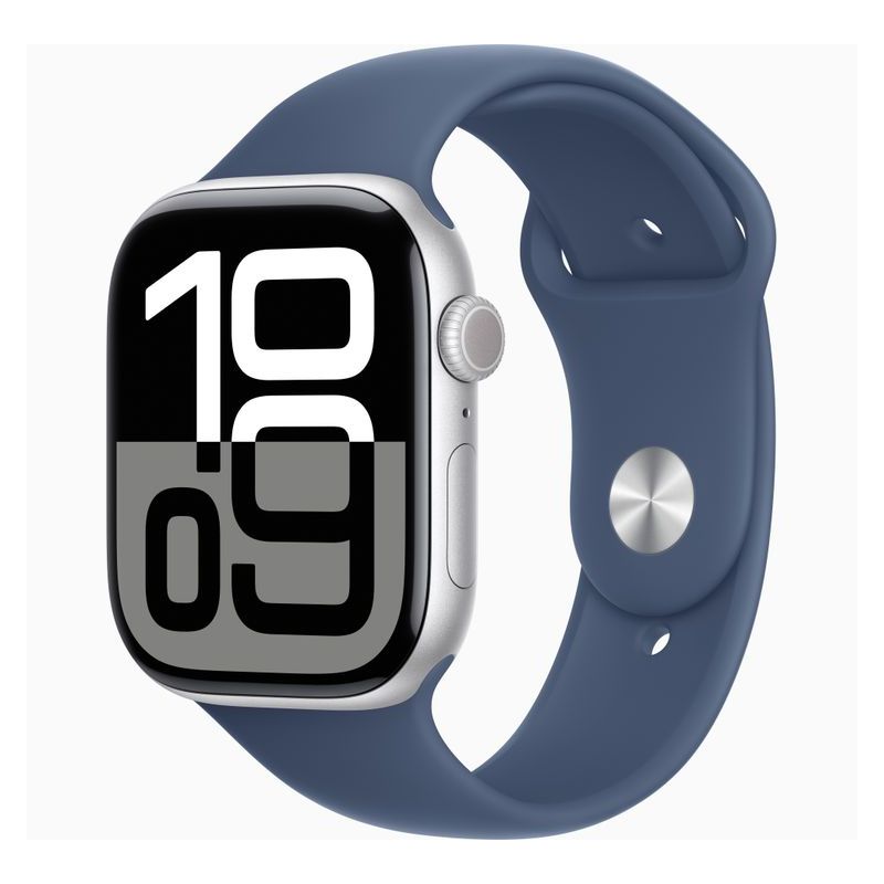 Apple Watch Series 10 in silver with blue band on white background.