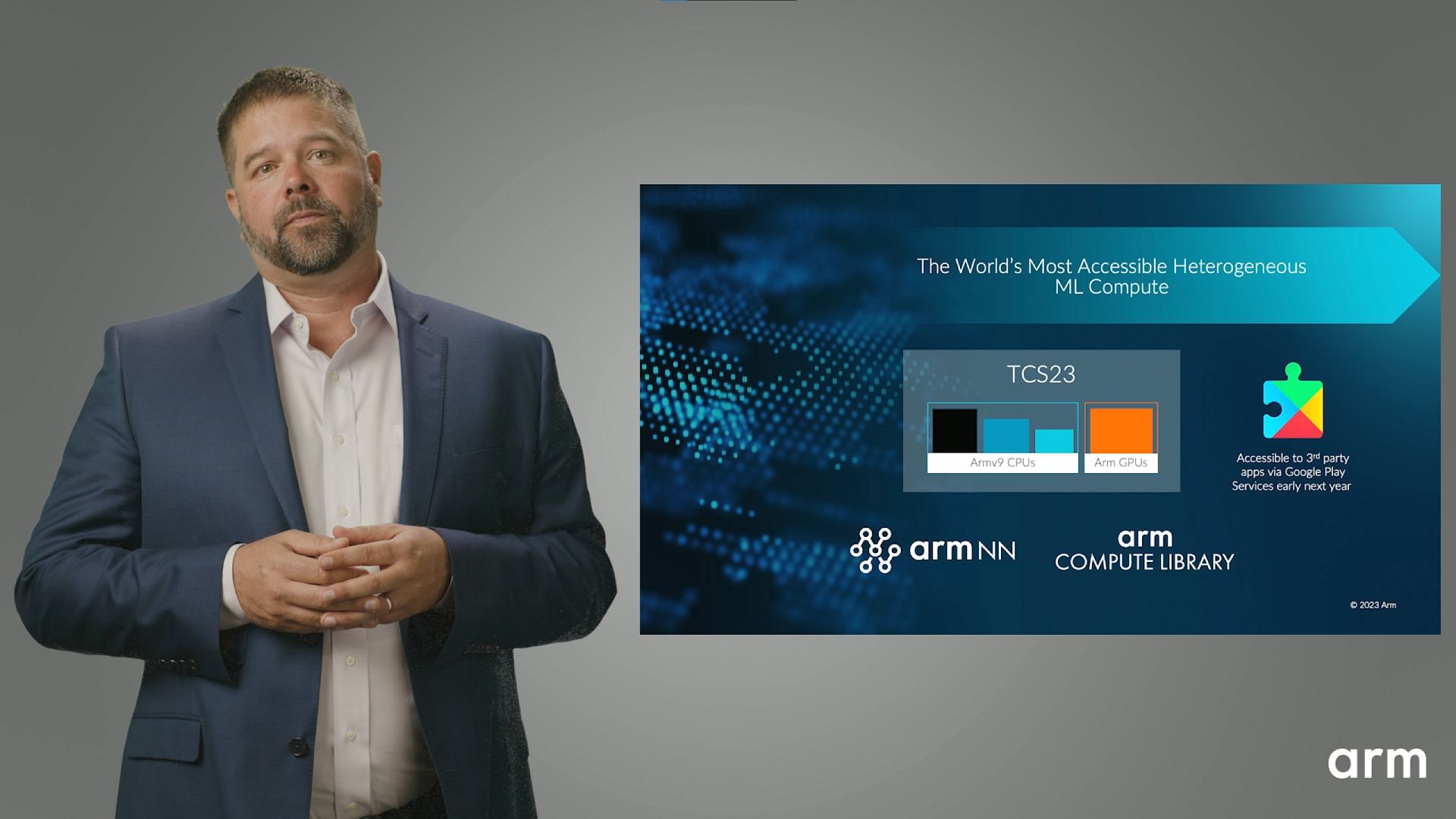 A screenshot from a video of Arm's Chris Bergey talking about the future of AI in 2023