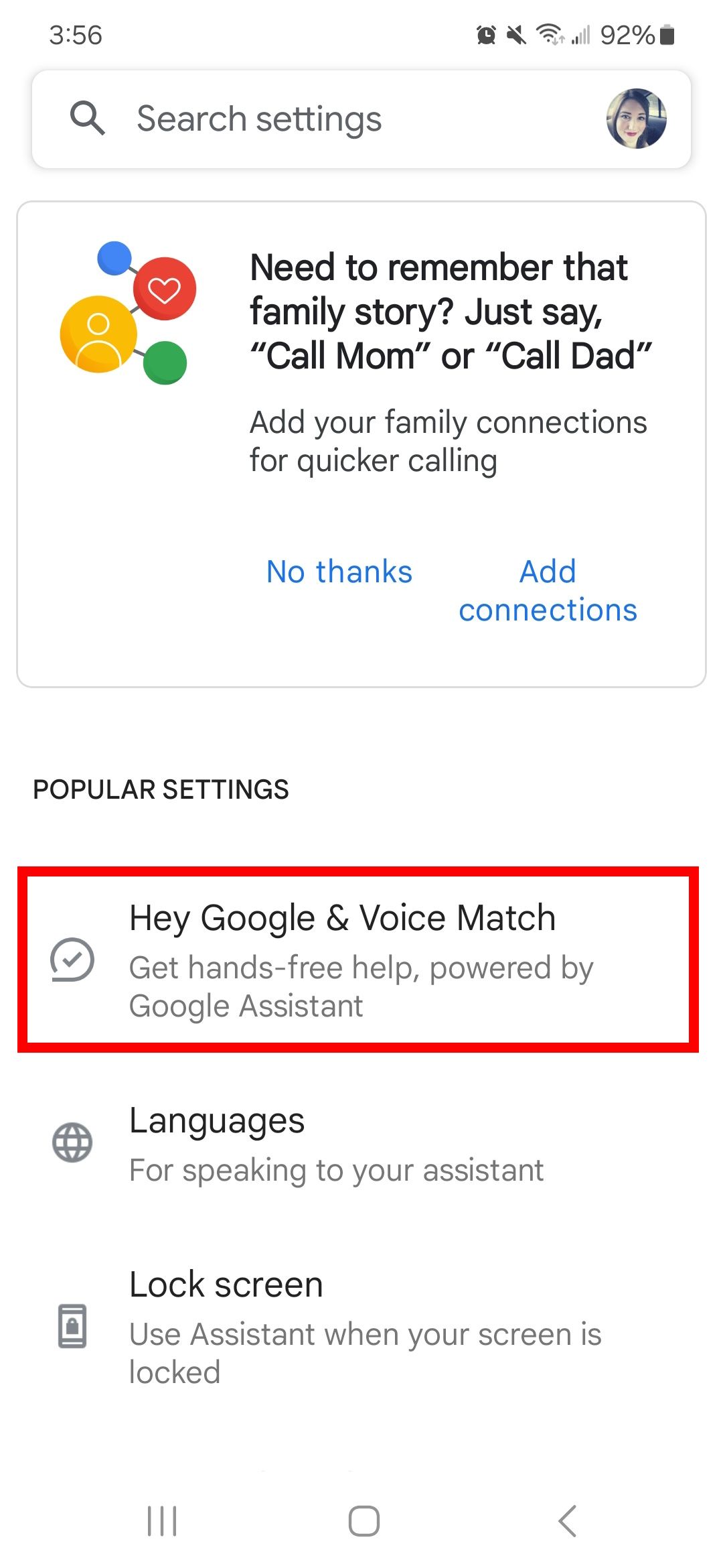 Red rectangle outline highlighting Hey Google & Voice Match option in popular settings while in Assistant settings