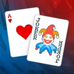 pixel art playing cards on red and blue background