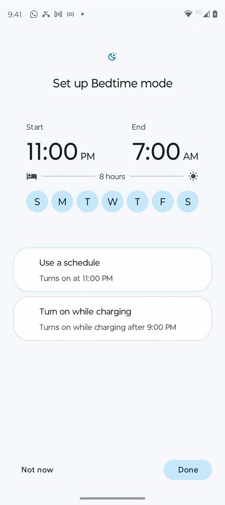 Screen showing bedtime mode in Android 14