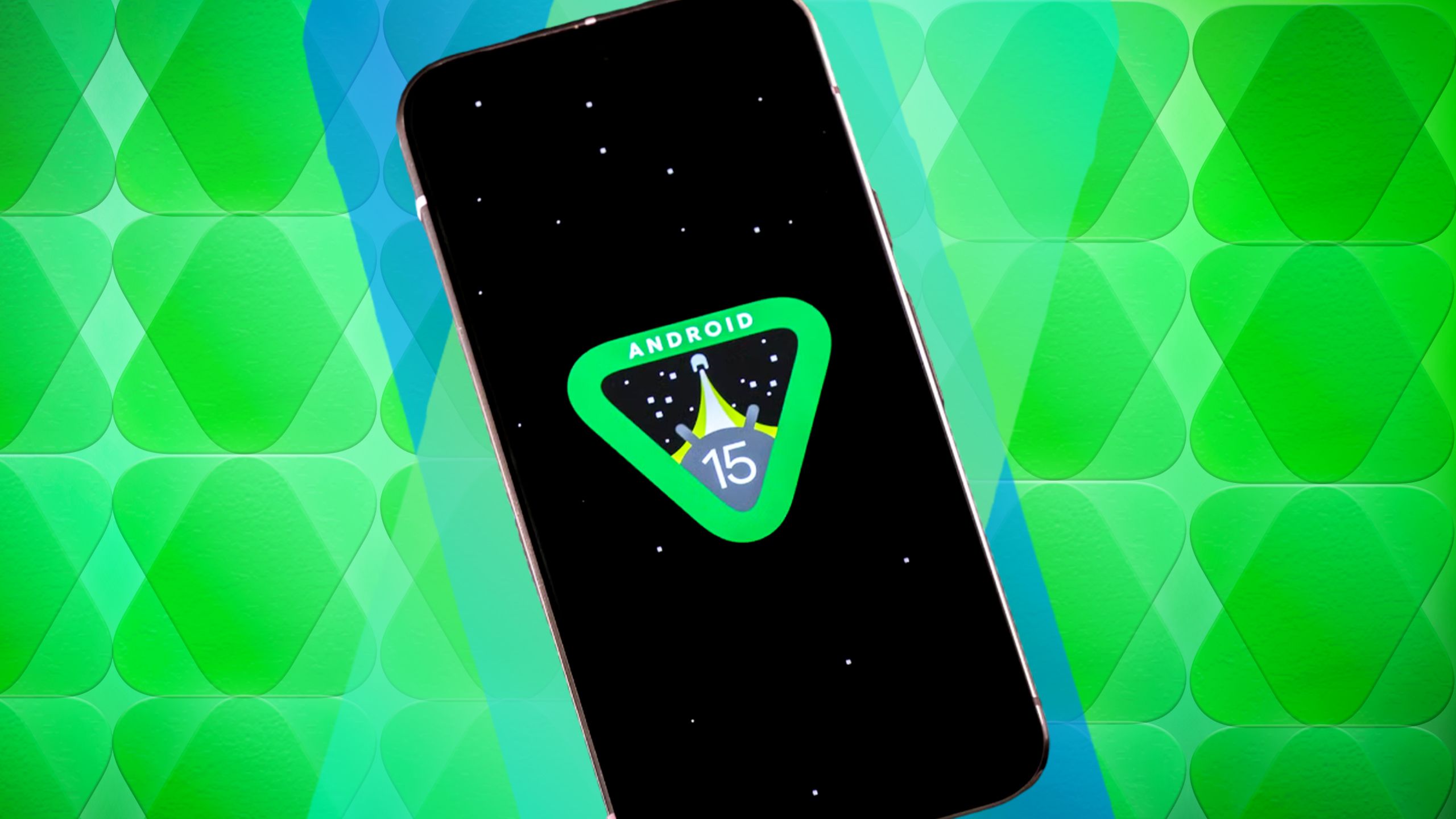 An image of a phone with the Android 15 logo against a lime green background