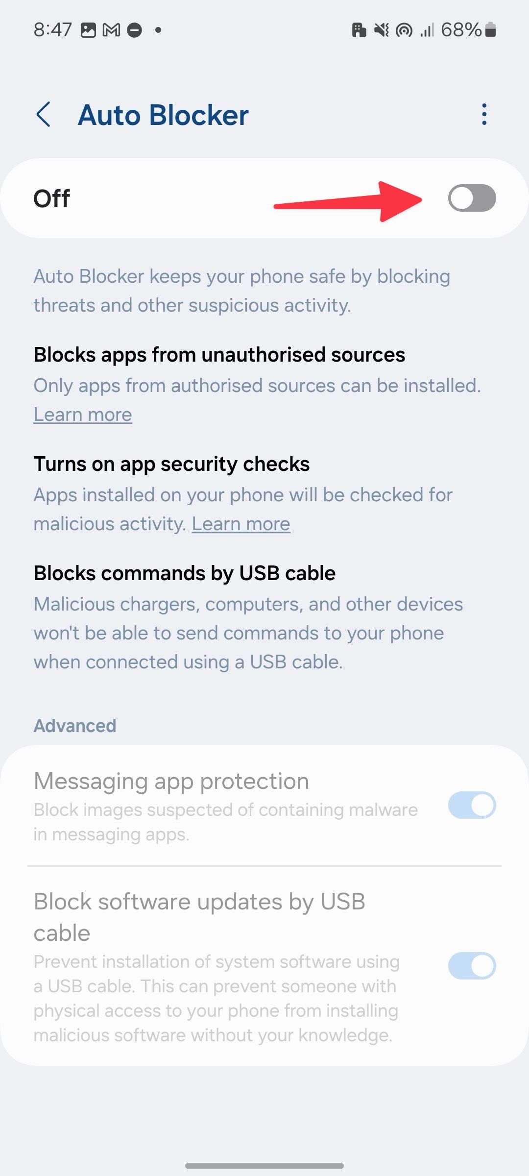 Switch on auto blocker on Samsung phone