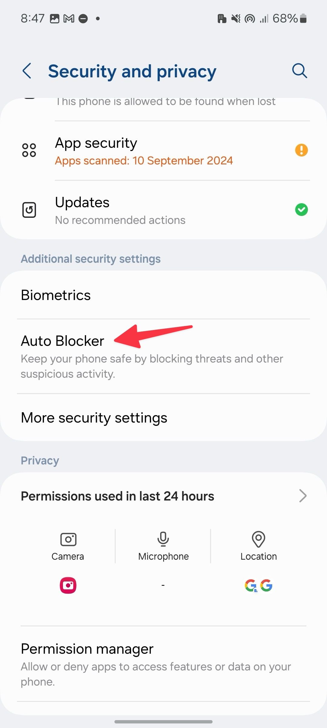 select auto blocker on Samsung phone