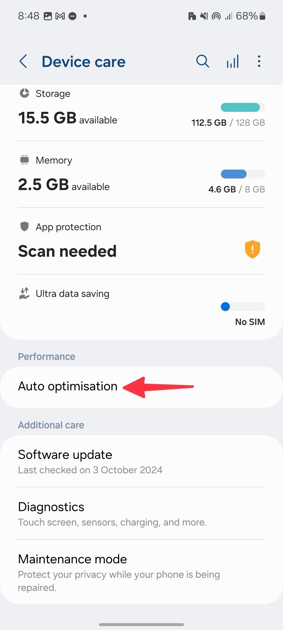 Select the drive optimization on the Samsung phone