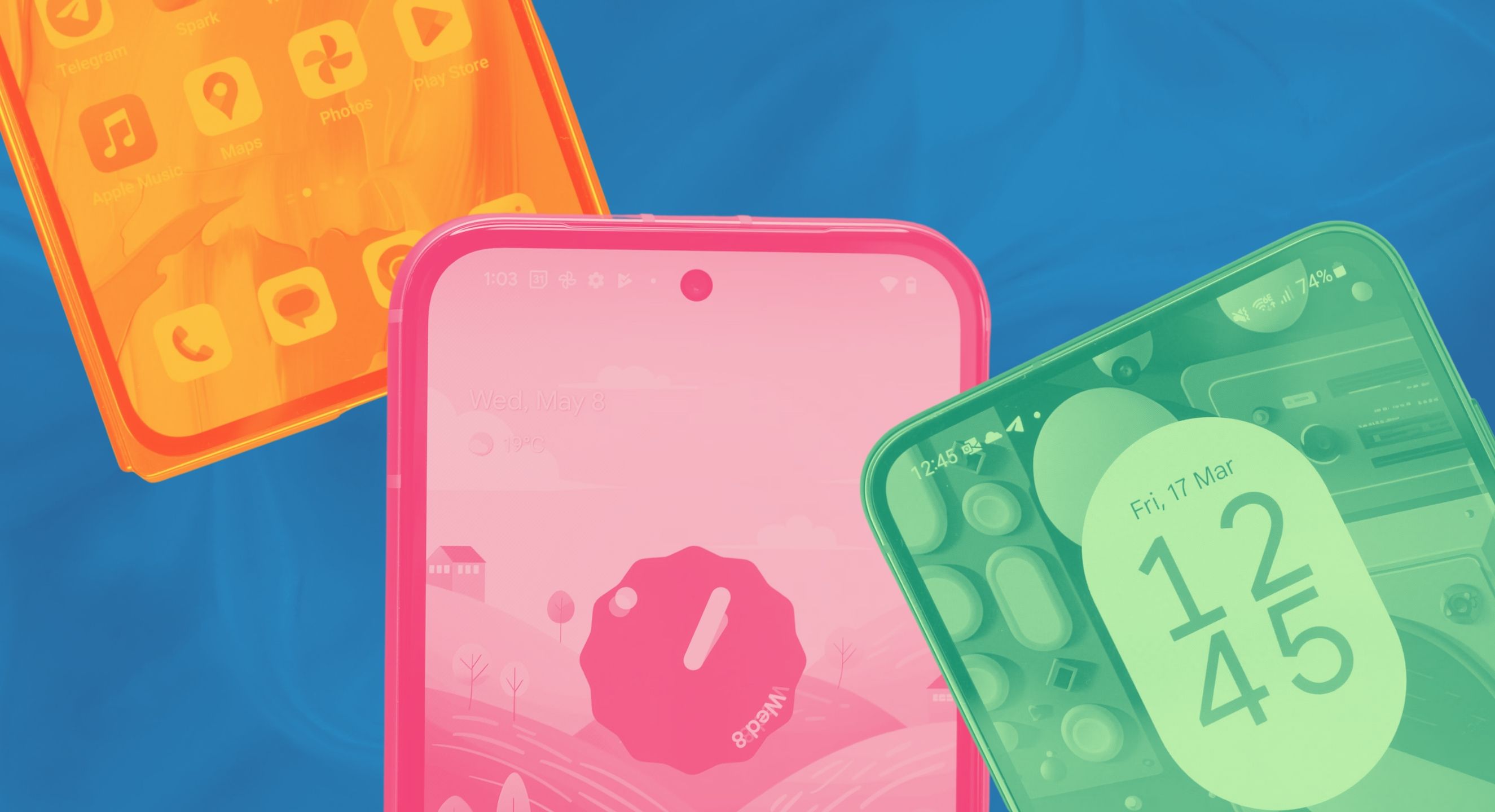 A photo-illustration of a cropped green, pink, and orange smartphone against a blue background