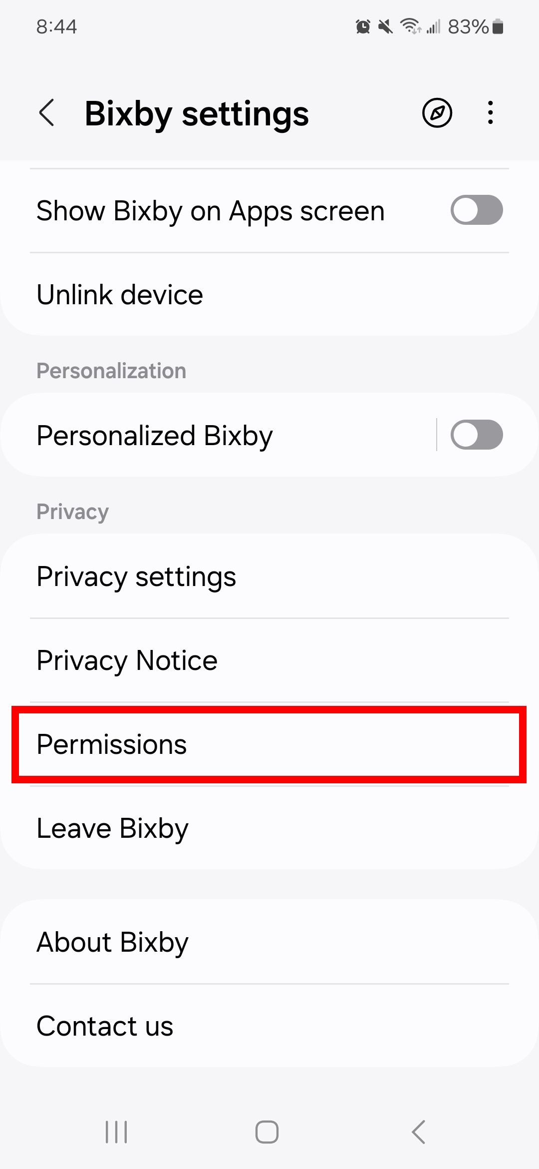Red rectangle outline highlighting the permissions option in Bixby settings