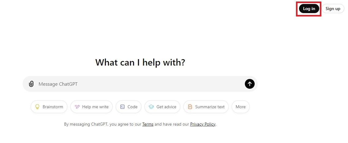 Screenshot highlighting the Log in option in ChatGPT on web