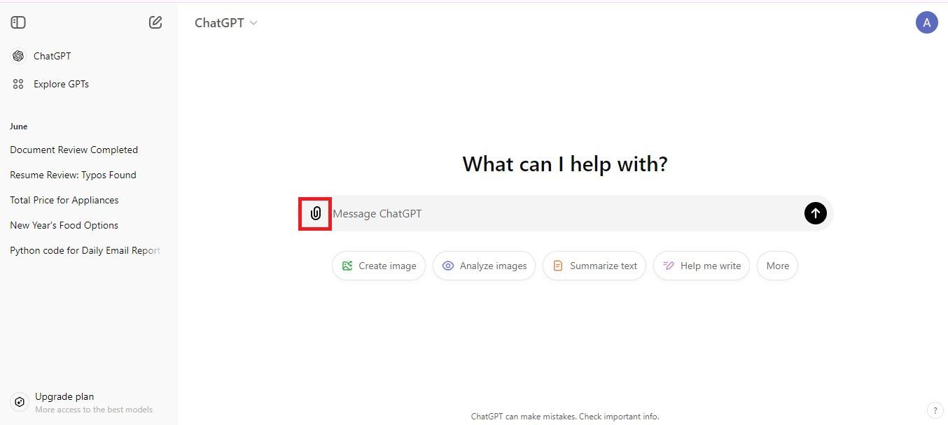 Screenshot highlighting the paperclip icon in ChatGPT on web