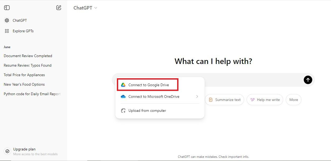 Screenshot highlighting Connect to Google Drive in ChatGPT on web