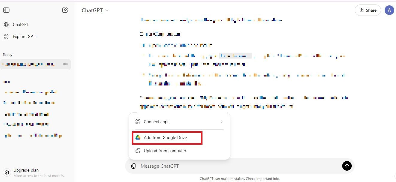 Screenshot highlighting Add from Google Drive in ChatGPT on web