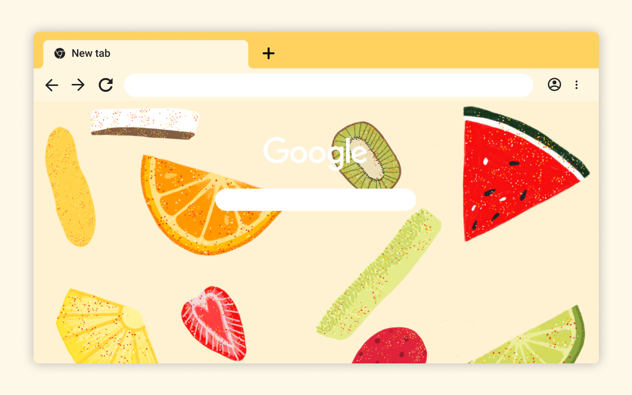 Chrome theme with colorful fruit slices on a light yellow background.