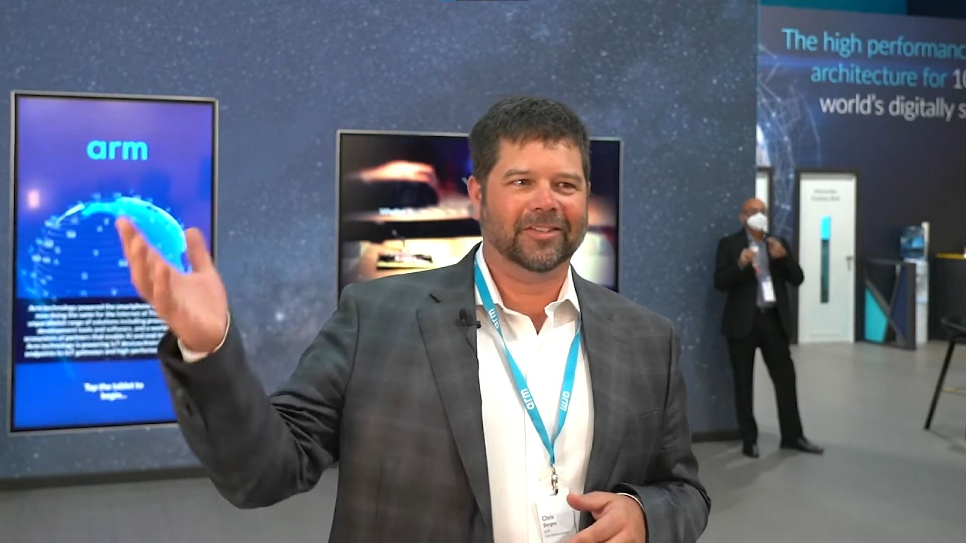 A screenshot from video of Arm's Chris Bergey speaking at MWC 2022