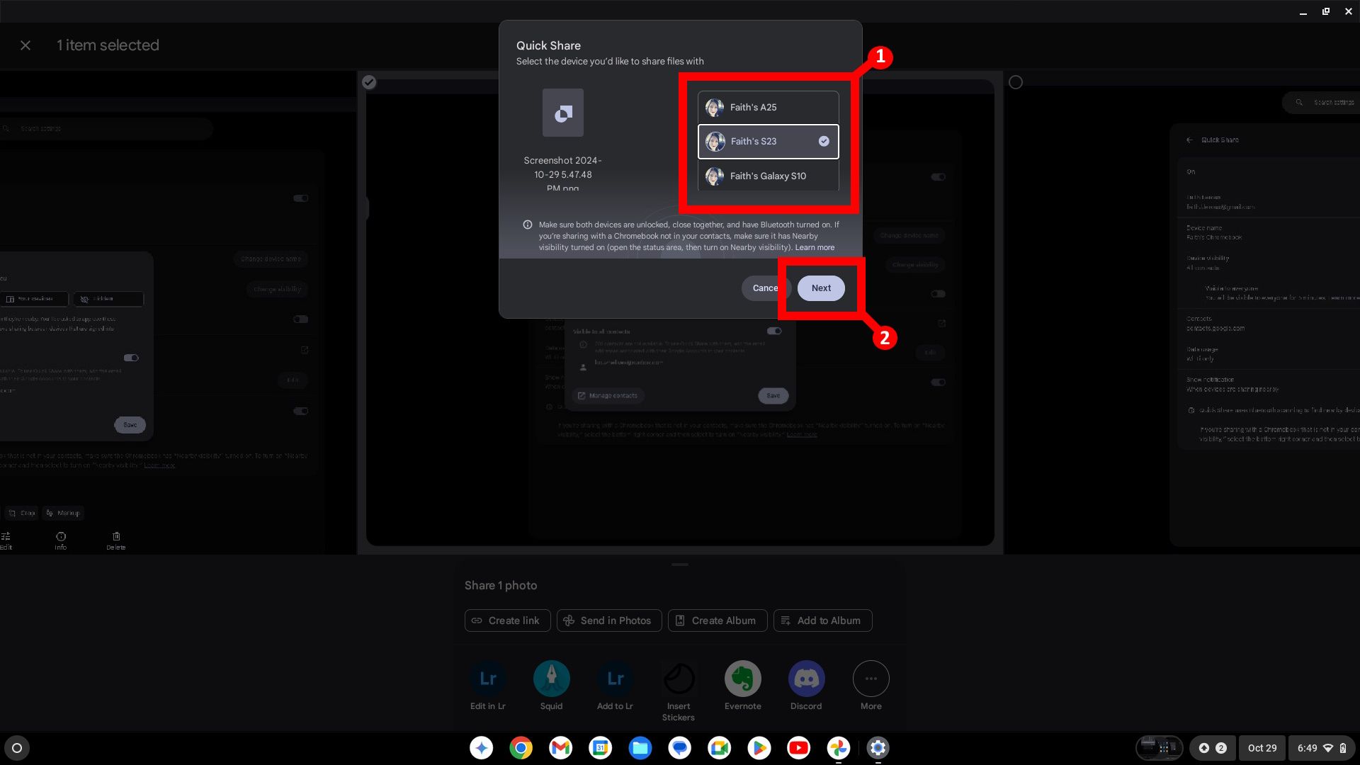 Two labels showing device selection and next button for Quick Share on a Chromebook