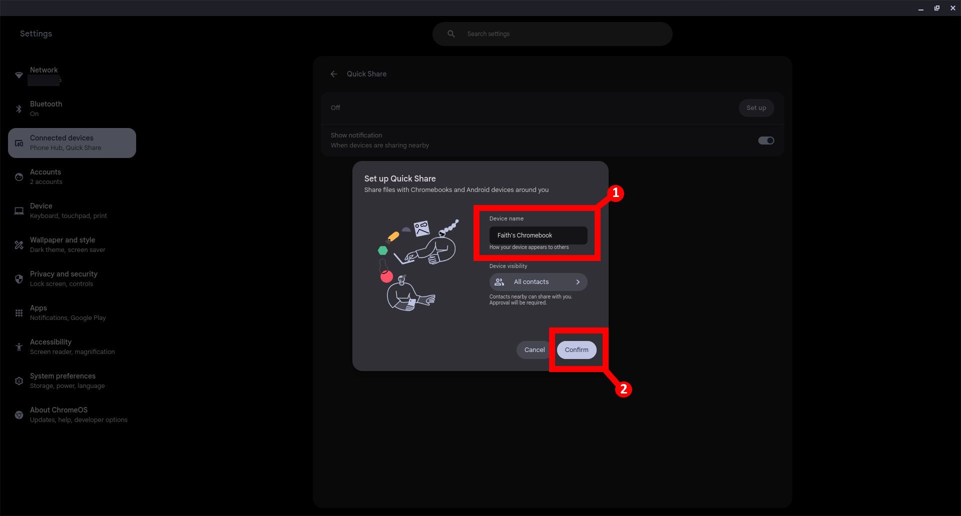 Two labels on Chromebook Quick Share set up next to Device name field and the confirm button