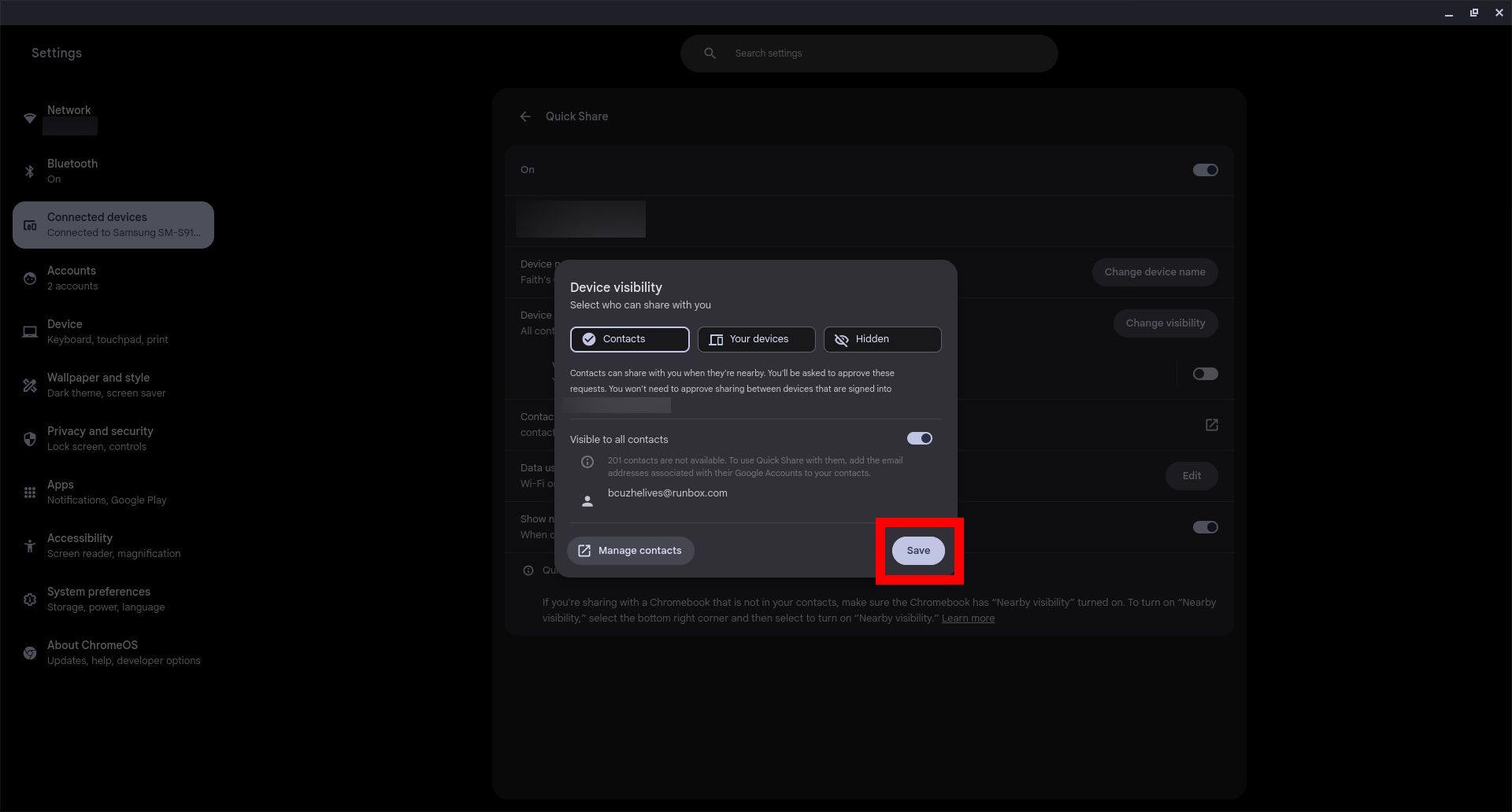 Red rectangle highlighting the Save option in Device visibility window in Chromebook Quick Share set up