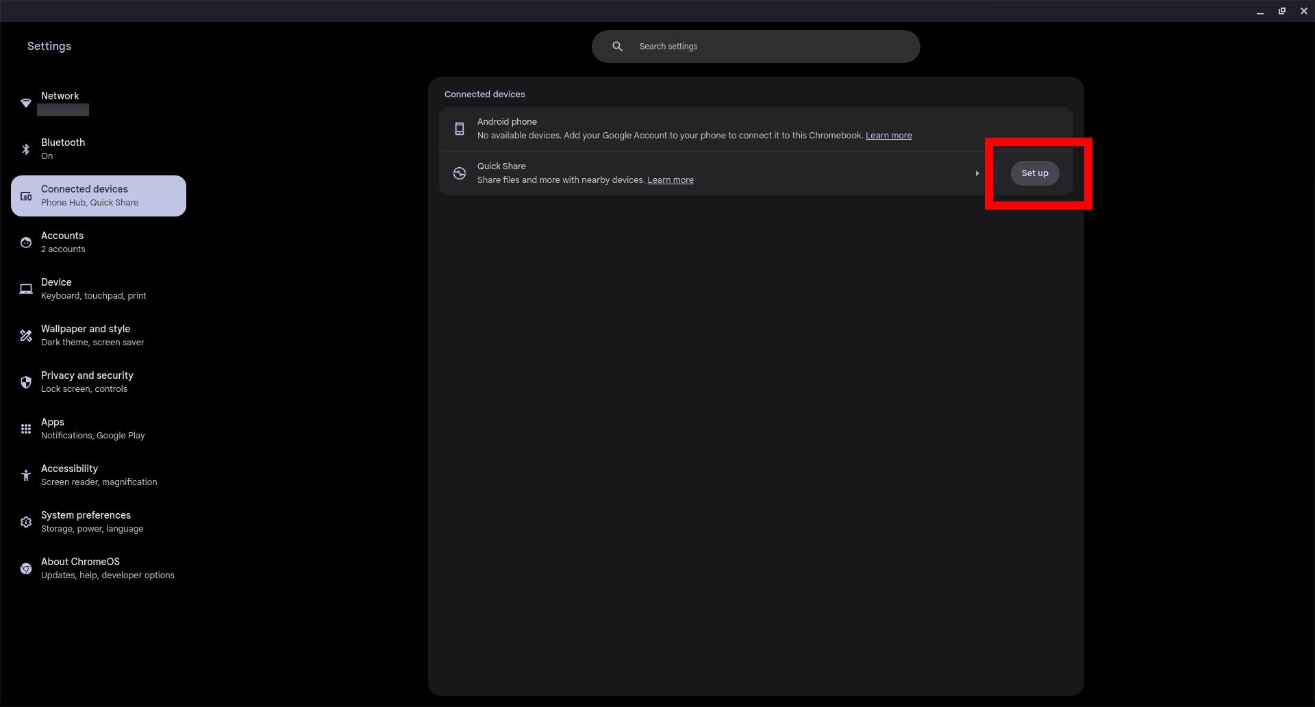 Red rectangle outline highlighting Set up next to Quick Share in Chromebook settings