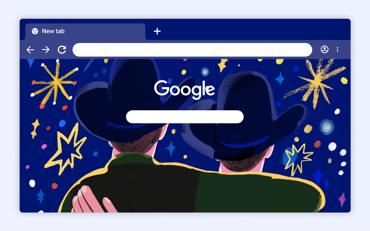 Chrome theme with two cowboys hugging under a cosmic, star-filled night sky.