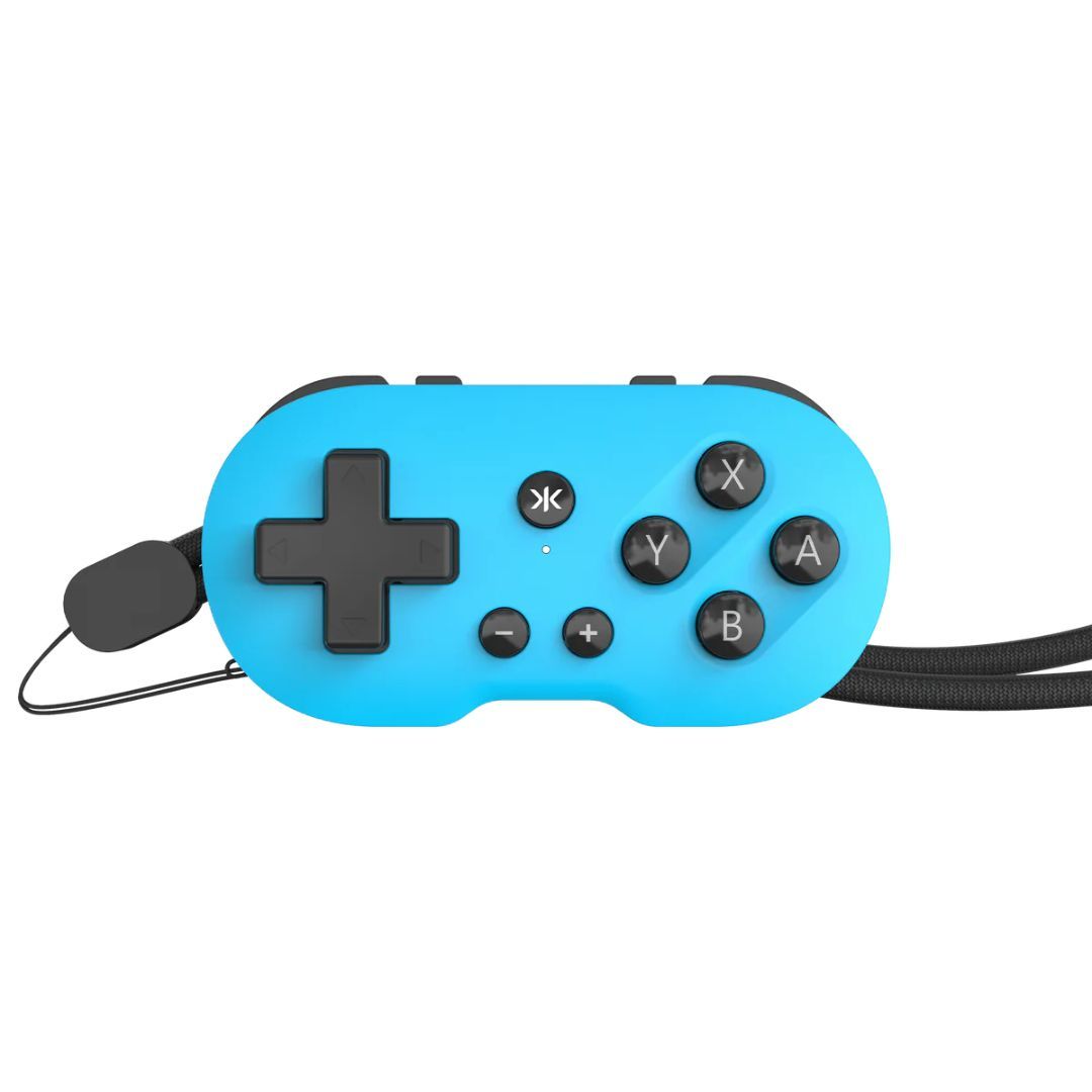 blue controller with black buttons on a white background