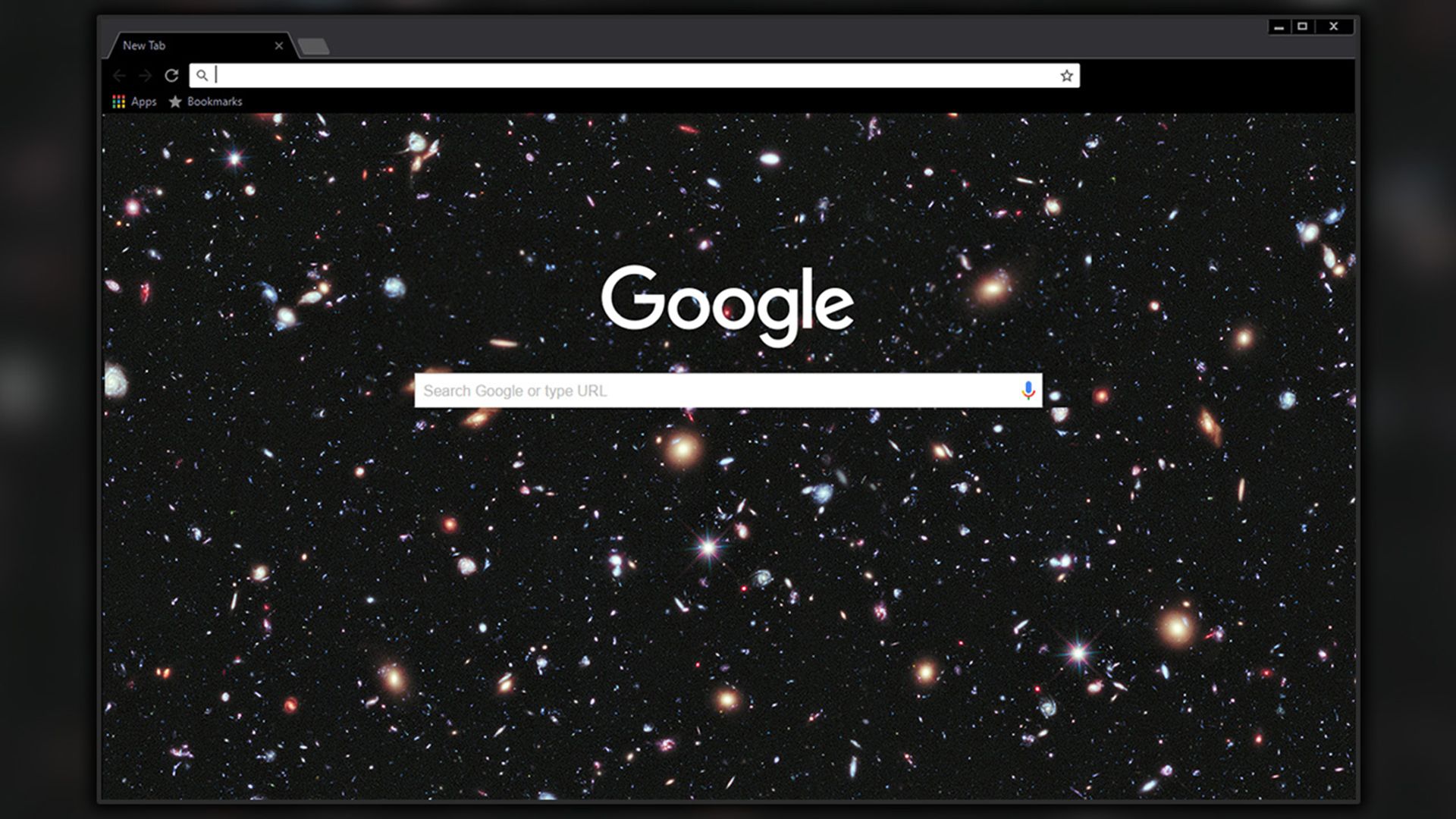 Google Chrome browser with the 'Deep Space' theme, displaying a starry galaxy background filled with distant stars and nebulae for a cosmic browsing experience.