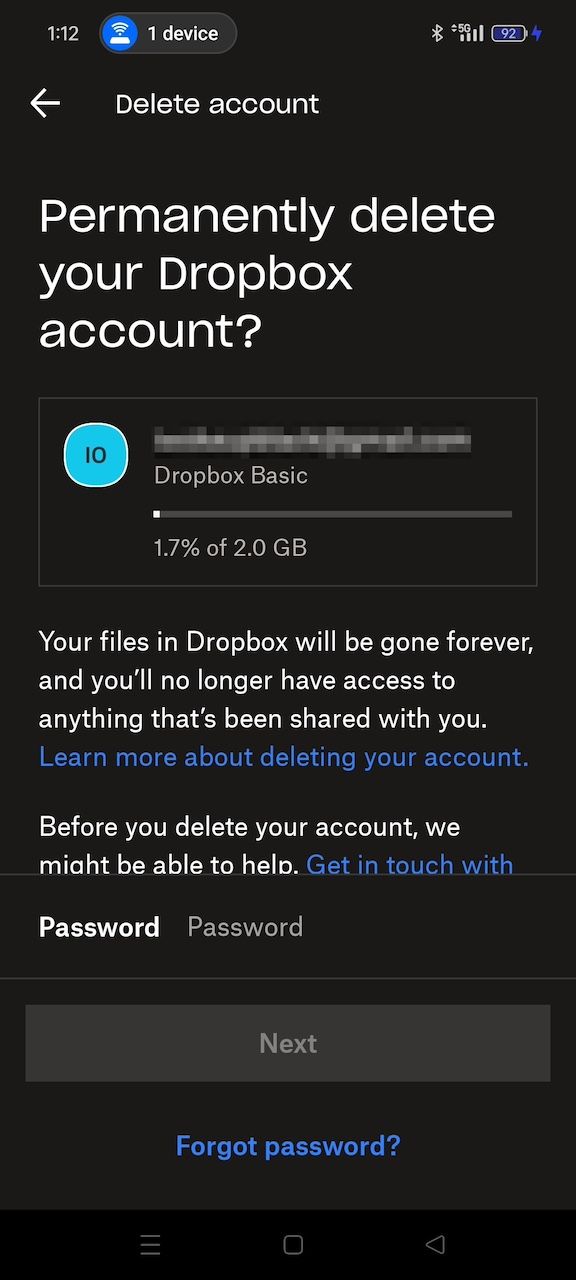 Cảnh báo trước khi xóa tài khoản Dropbox trên ứng dụng di động