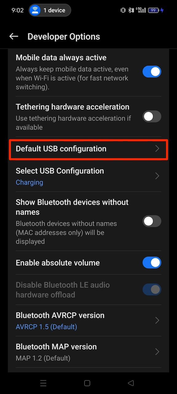 Network settings options in OnePlus 12 Developer Options menu