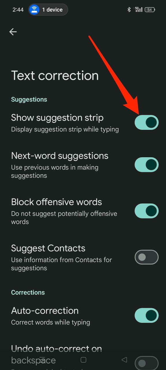 Turning off Gboard suggestions from the keyboard settings menu