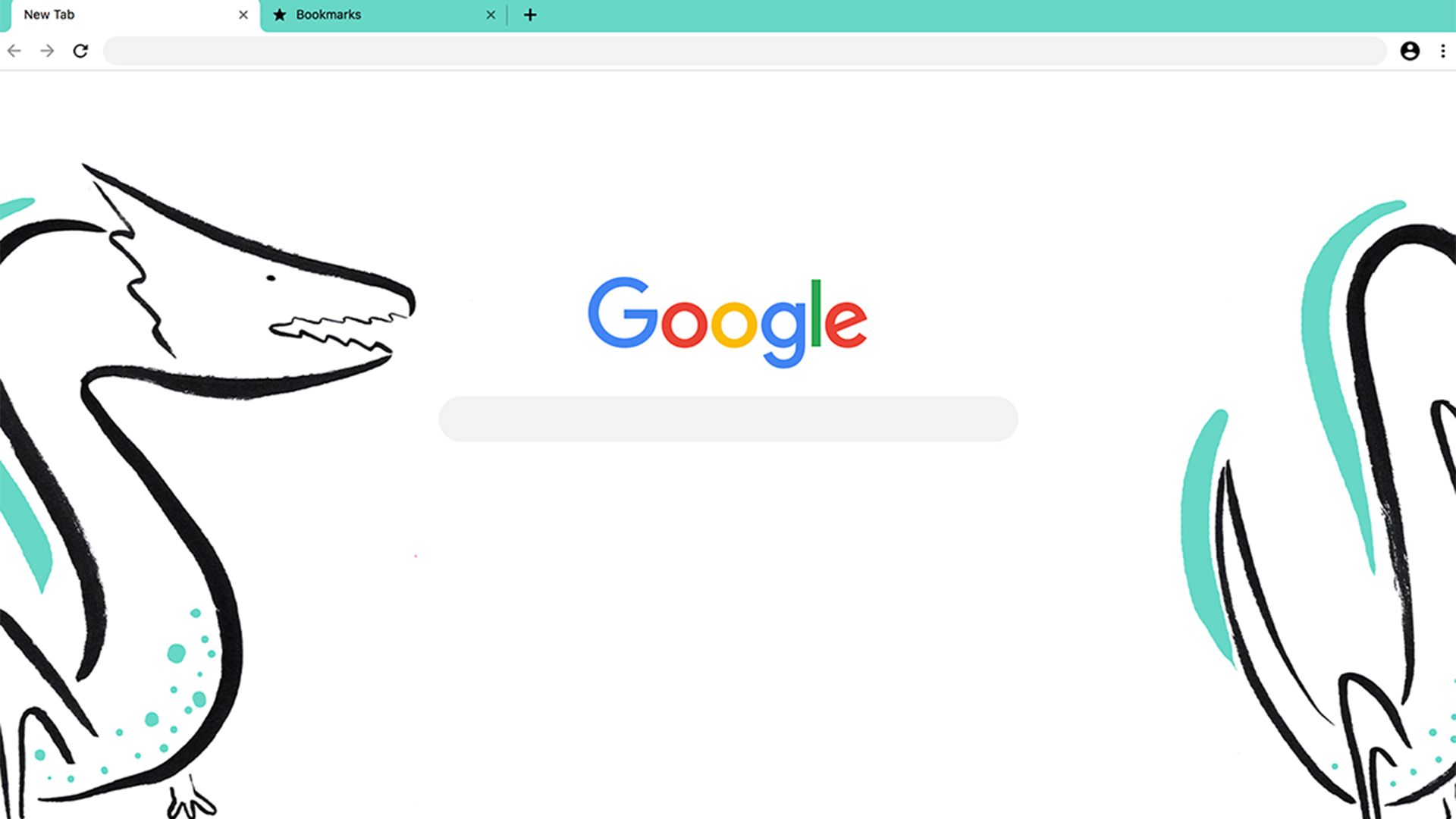 Google Chrome browser with the 'Dragon Zodiac' theme applied, featuring a minimalist, artistic dragon illustration in black and teal against a clean, white background.