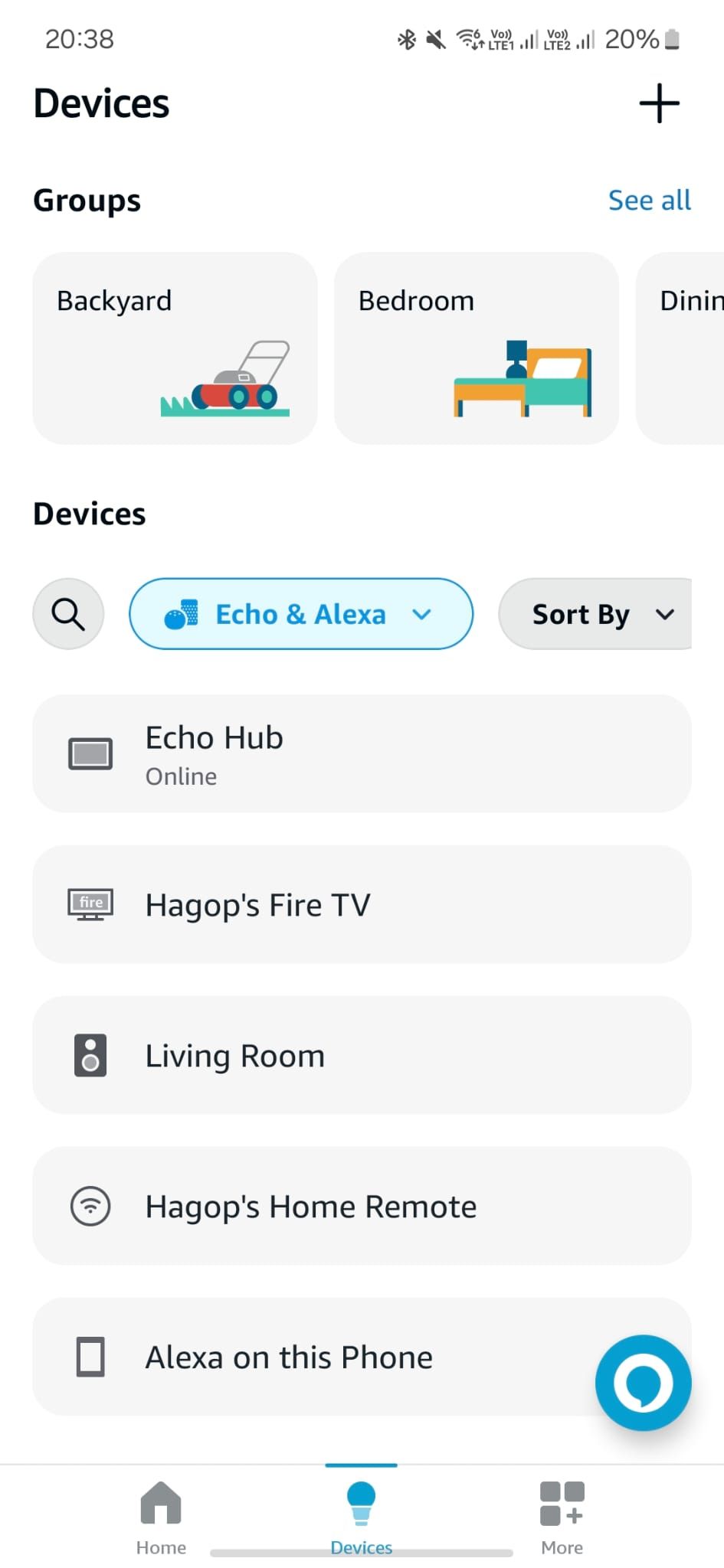 Screenshot of the Alexa app showing the device list