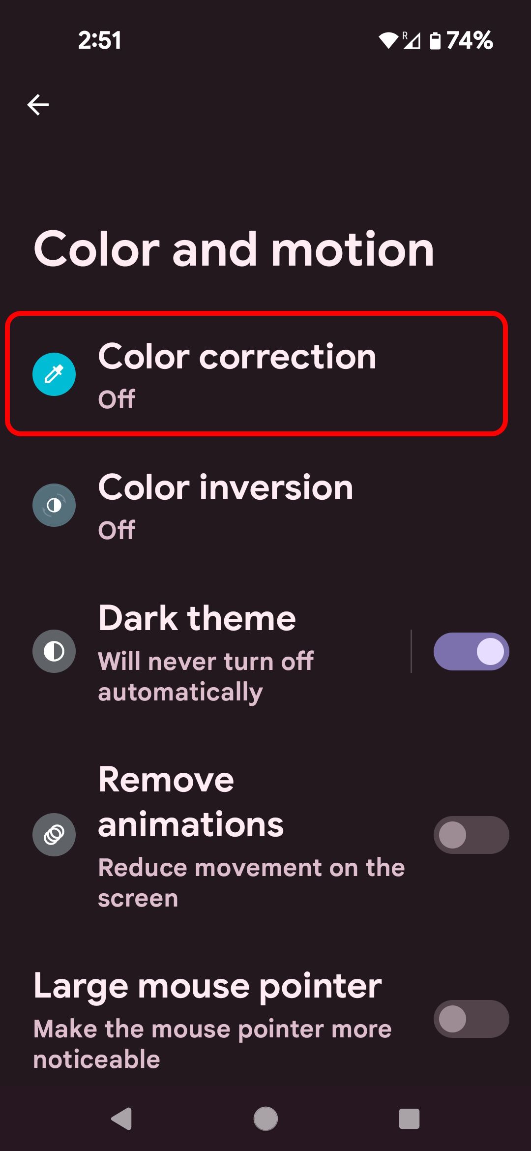 Turning on Color correction in Color and motion on Android