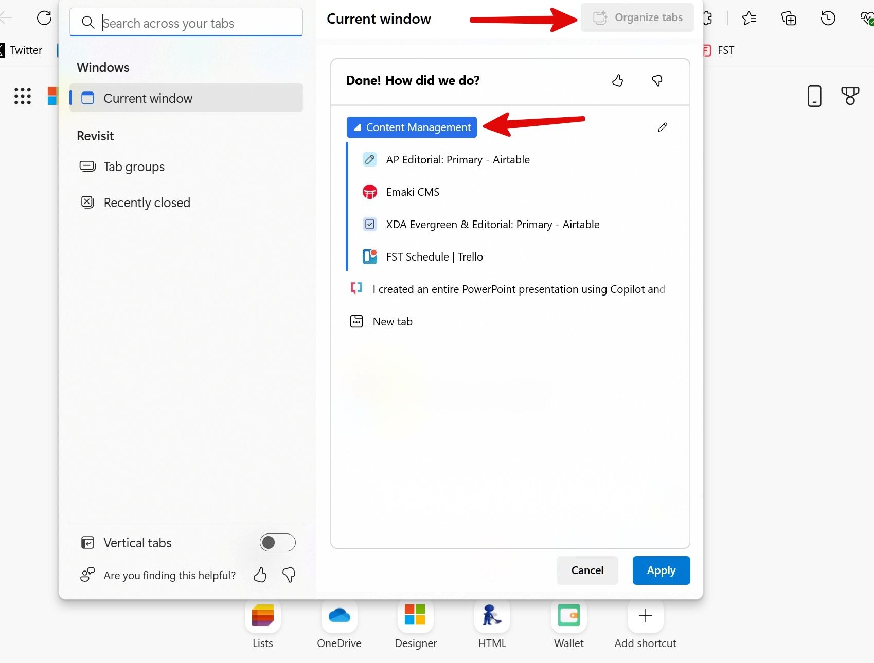 Organize tabs in Edge
