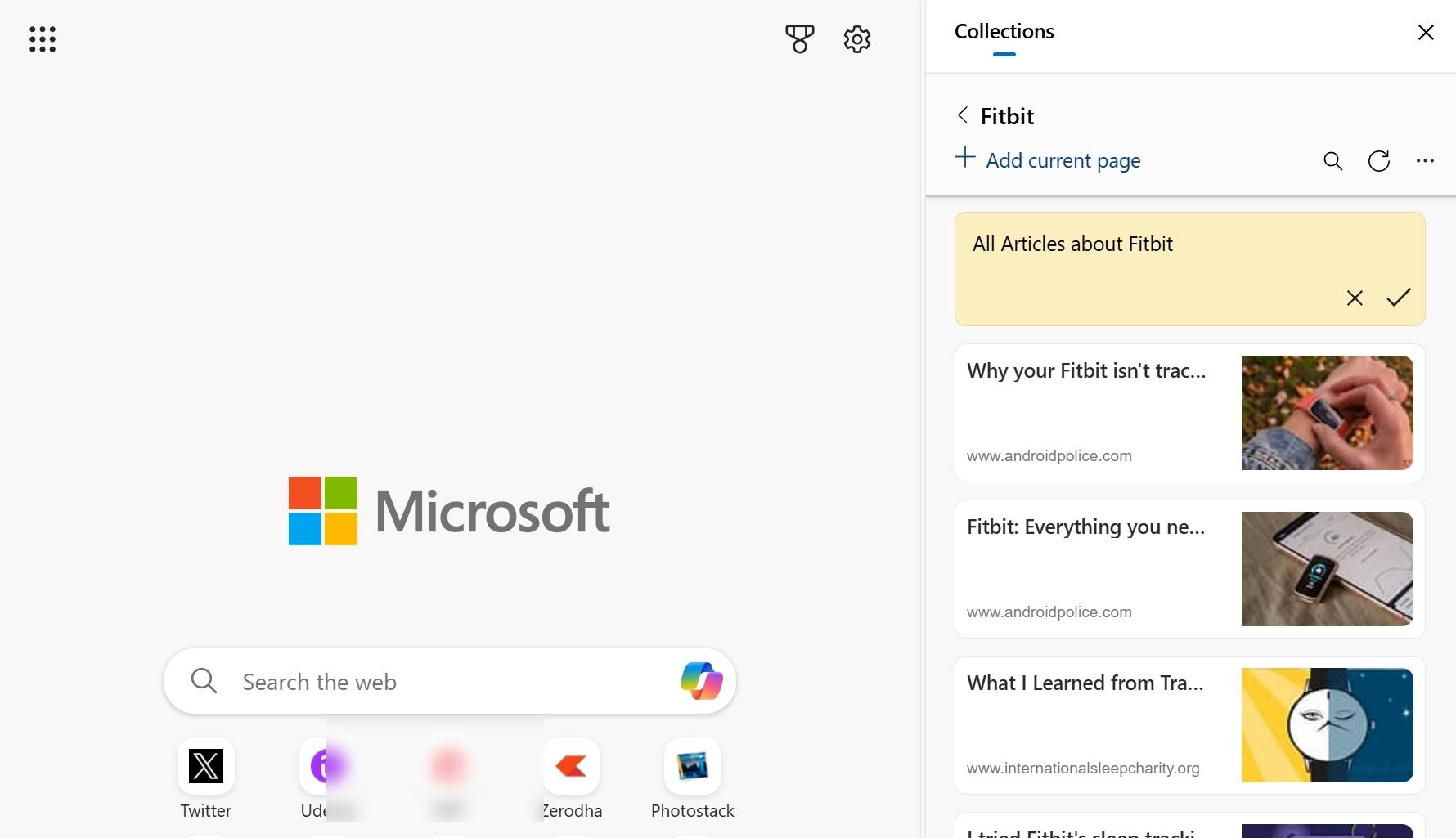 Open a collection menu in Edge
