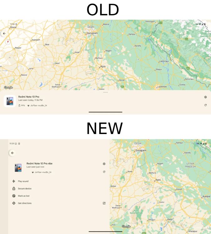 Screenshots of the old and new Find My Device UI on a tablet.