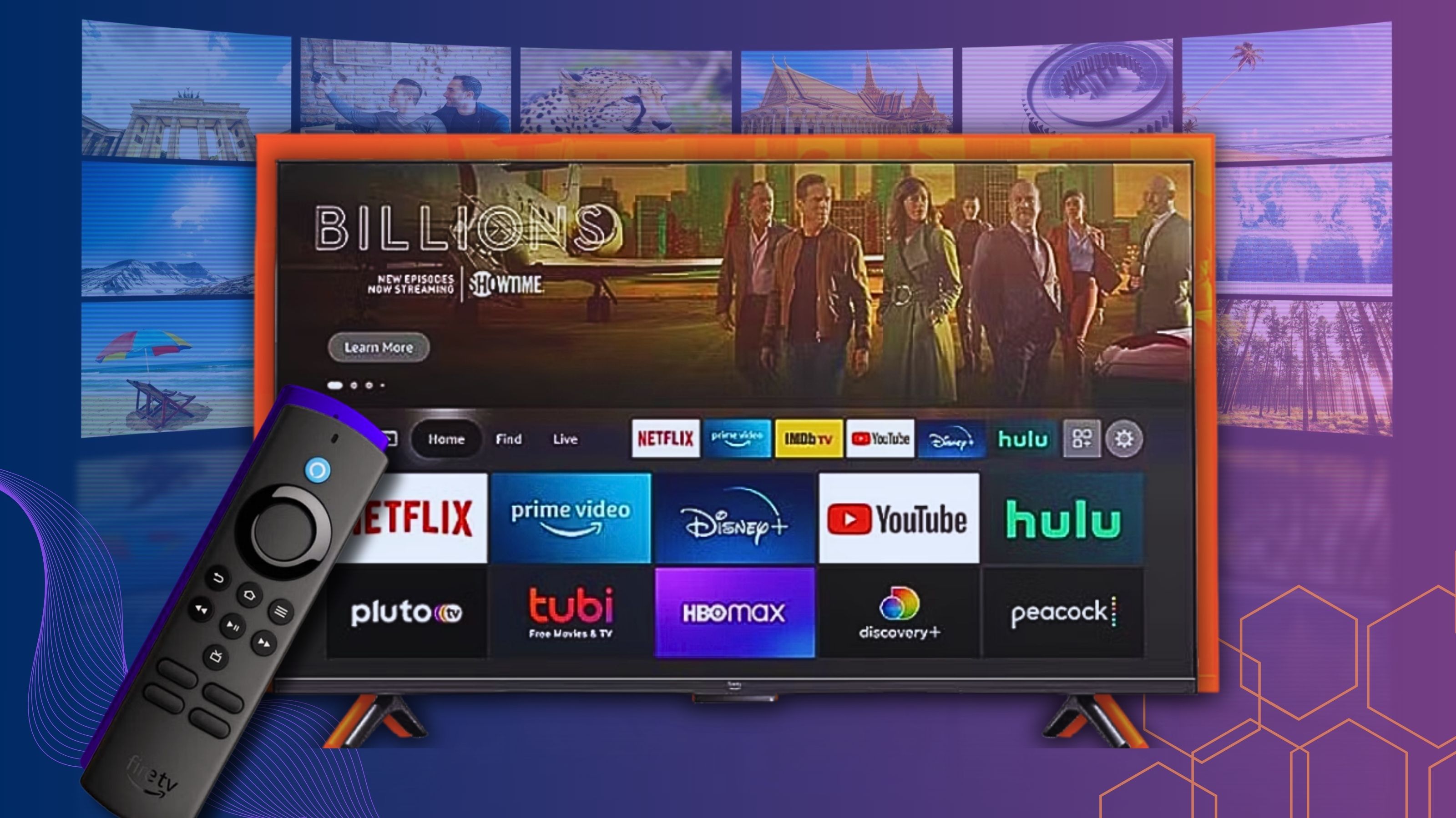 A smart TV showing the Fire TV channels on the home screen.